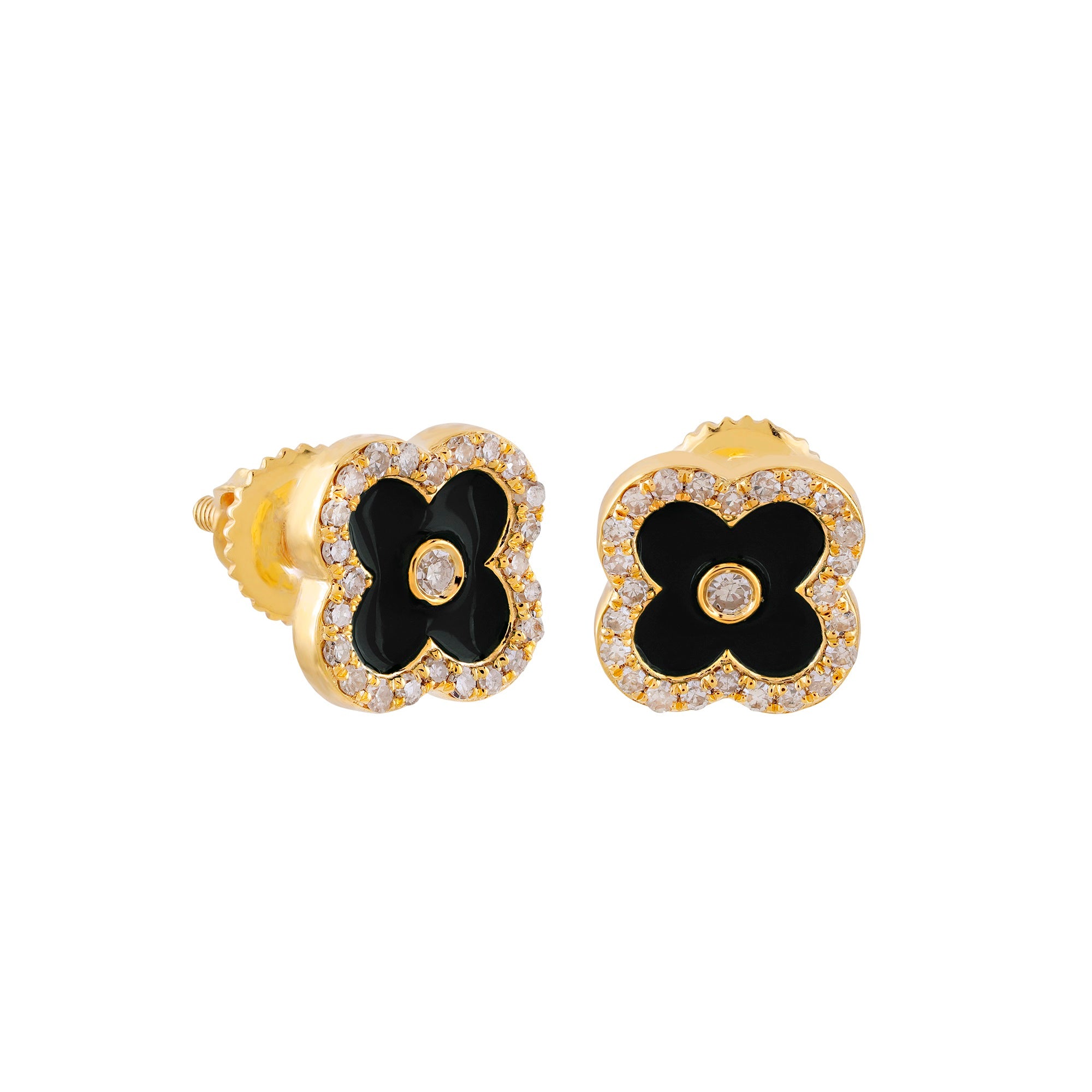 Yellow Gold Round Diamond Enamel Clover Stud Earrings