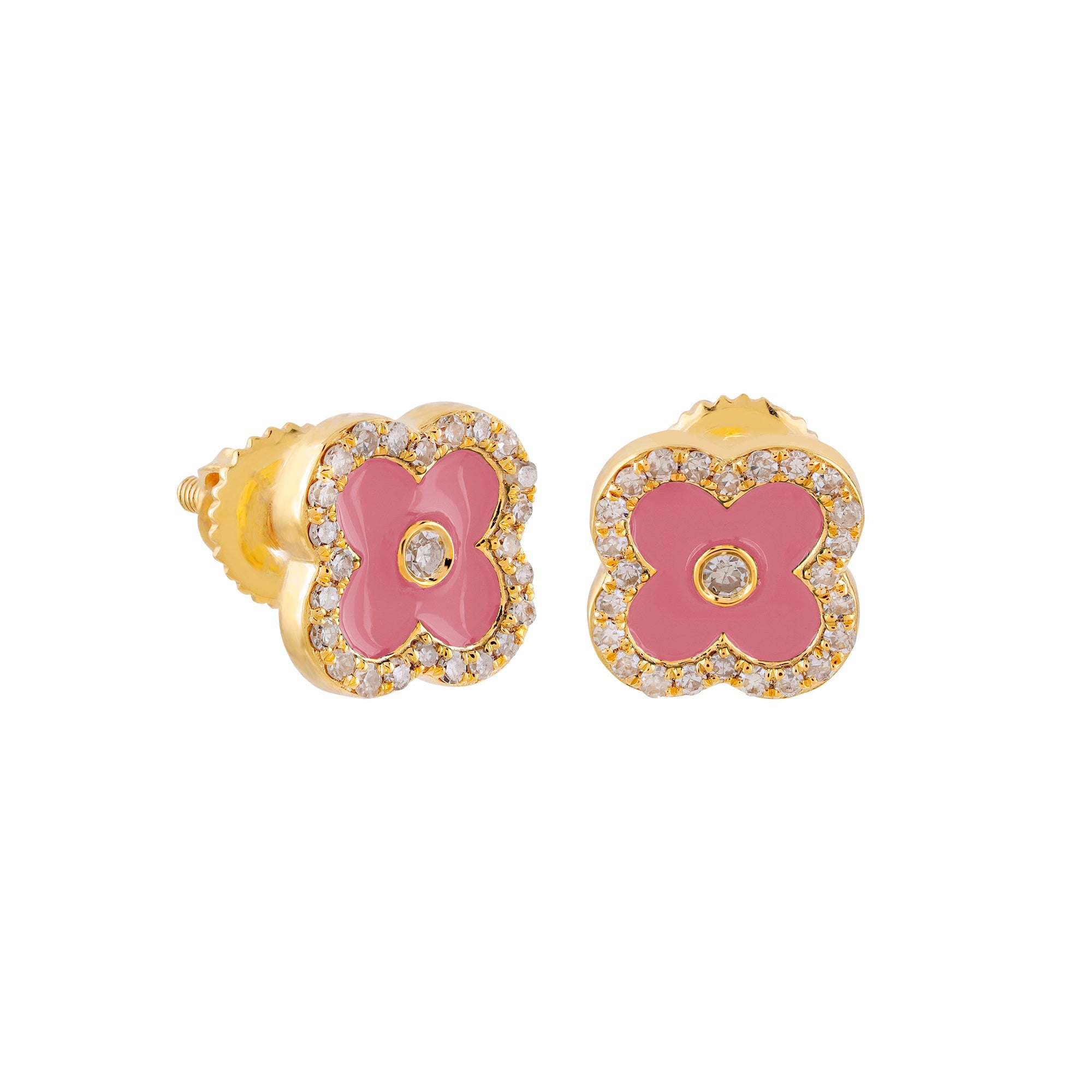 Yellow Gold Round Diamond Enamel Clover Stud Earrings