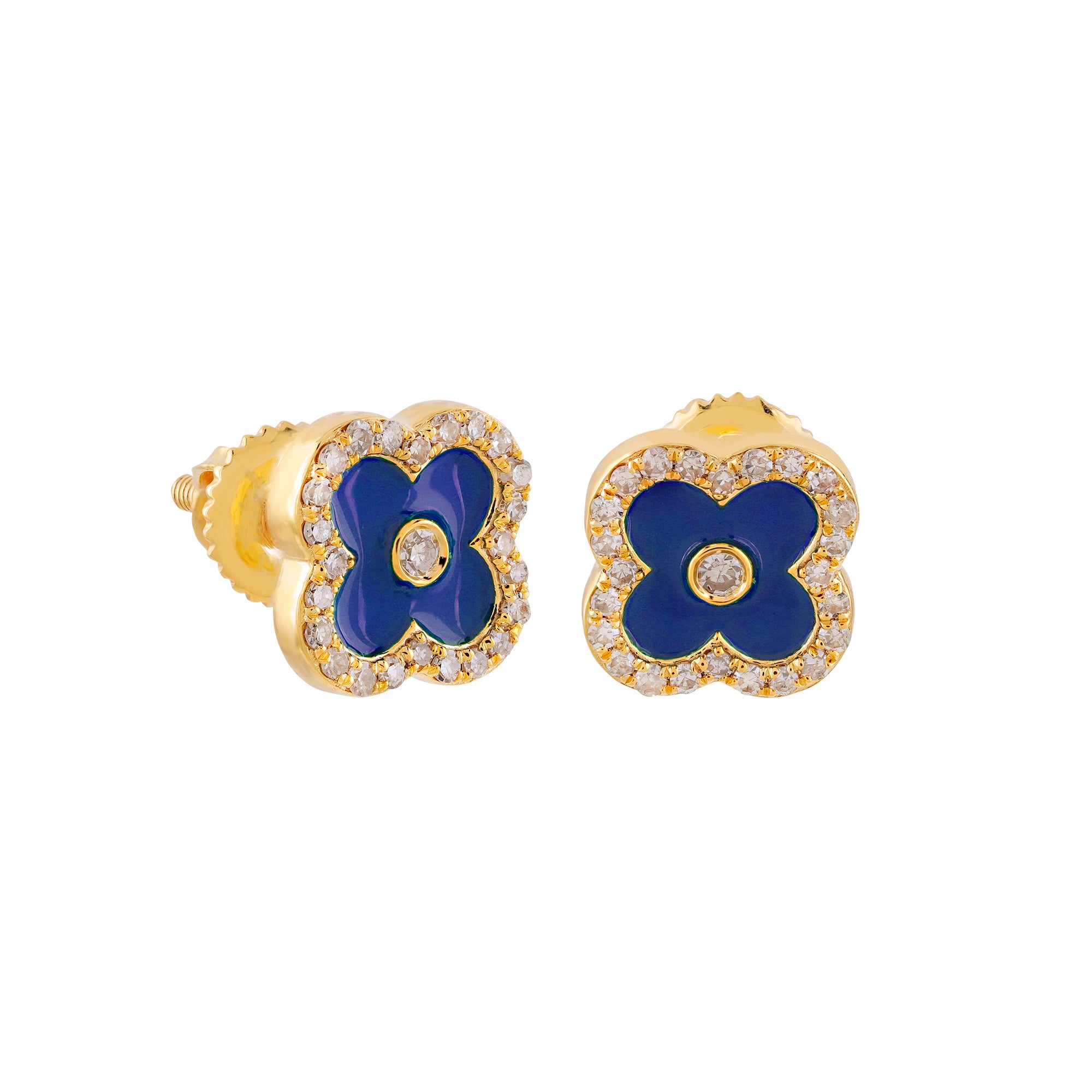Yellow Gold Round Diamond Enamel Clover Stud Earrings
