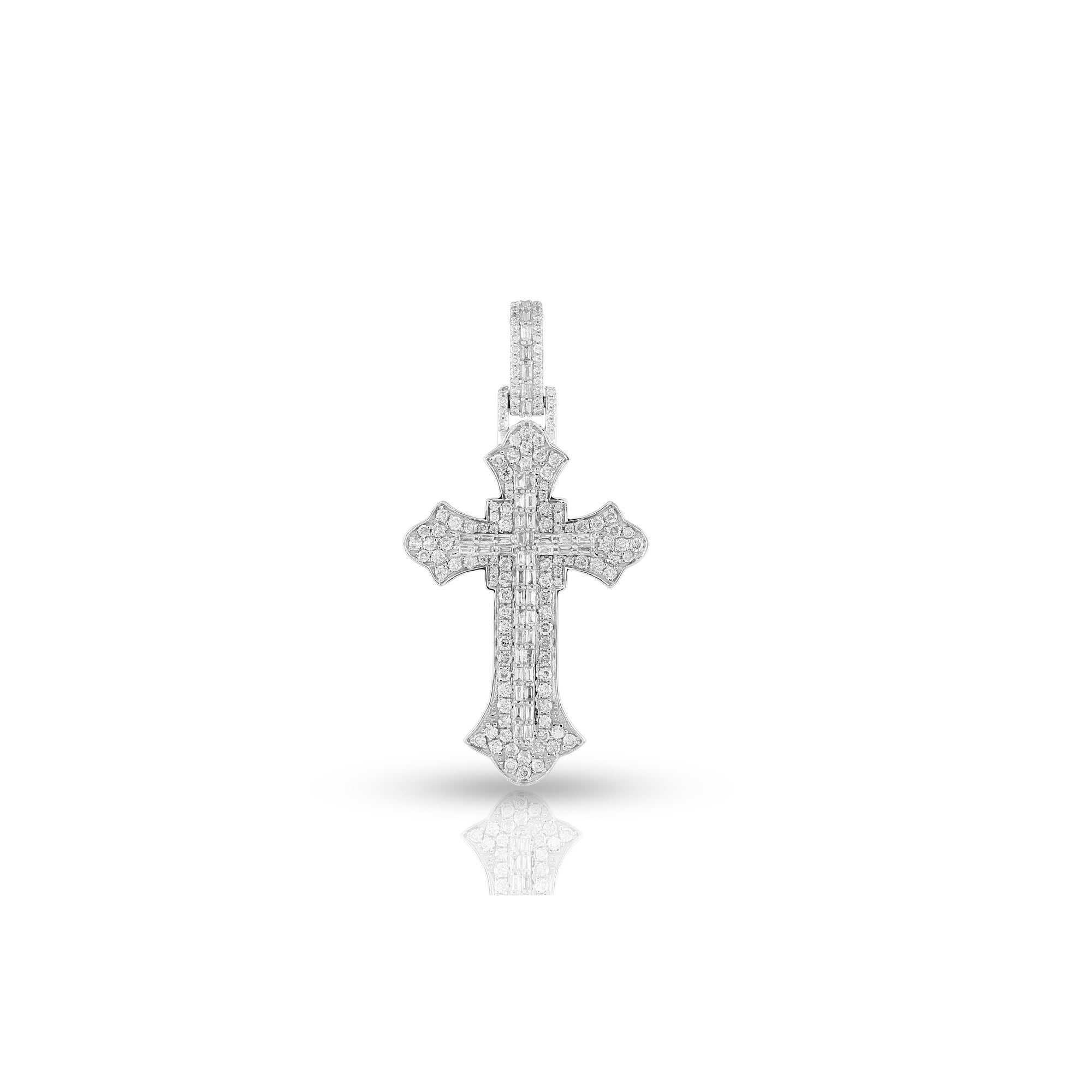 White Gold Baguette and Round Diamond Cross Pendant