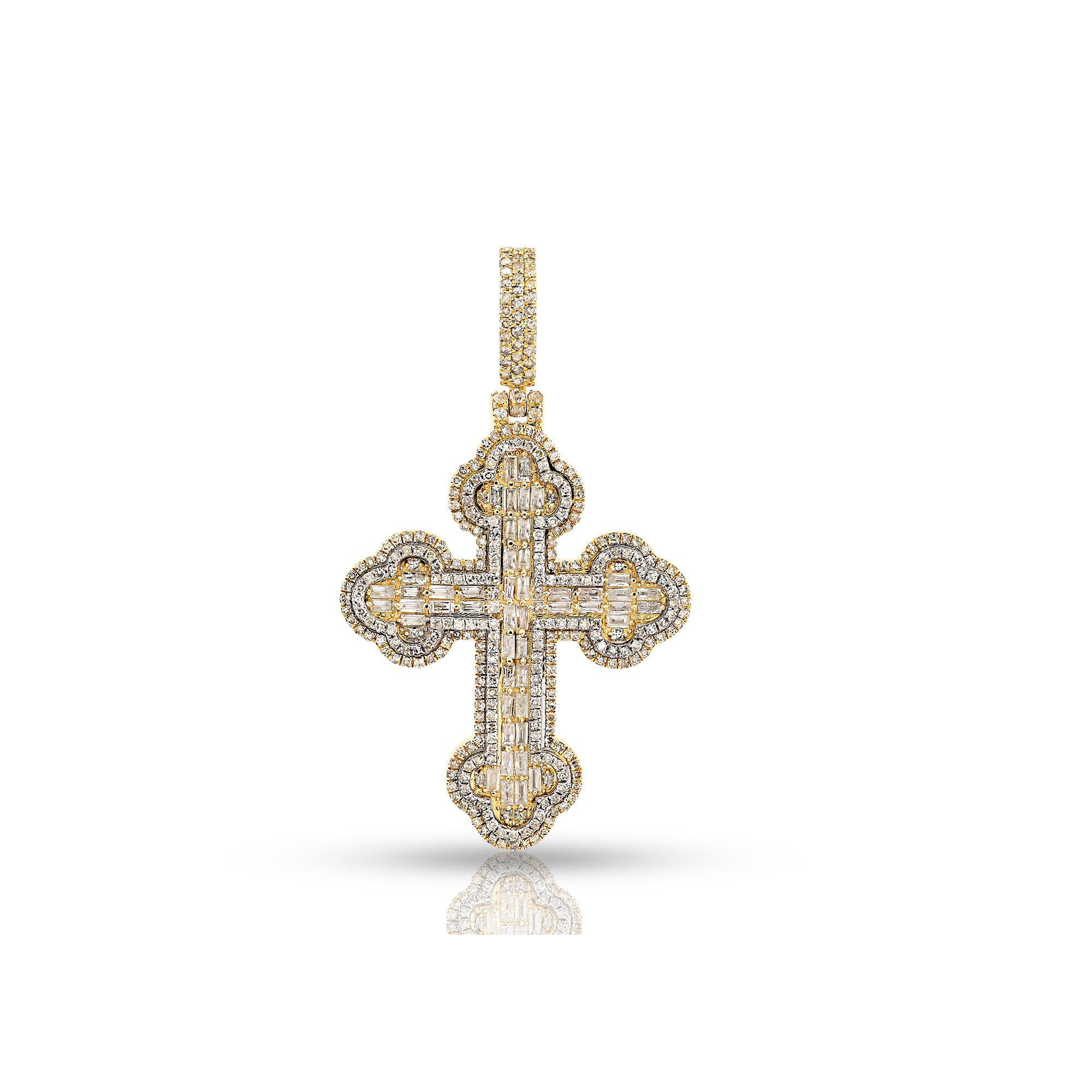 Yellow Gold Round and Baguette Diamond Cross Pendant