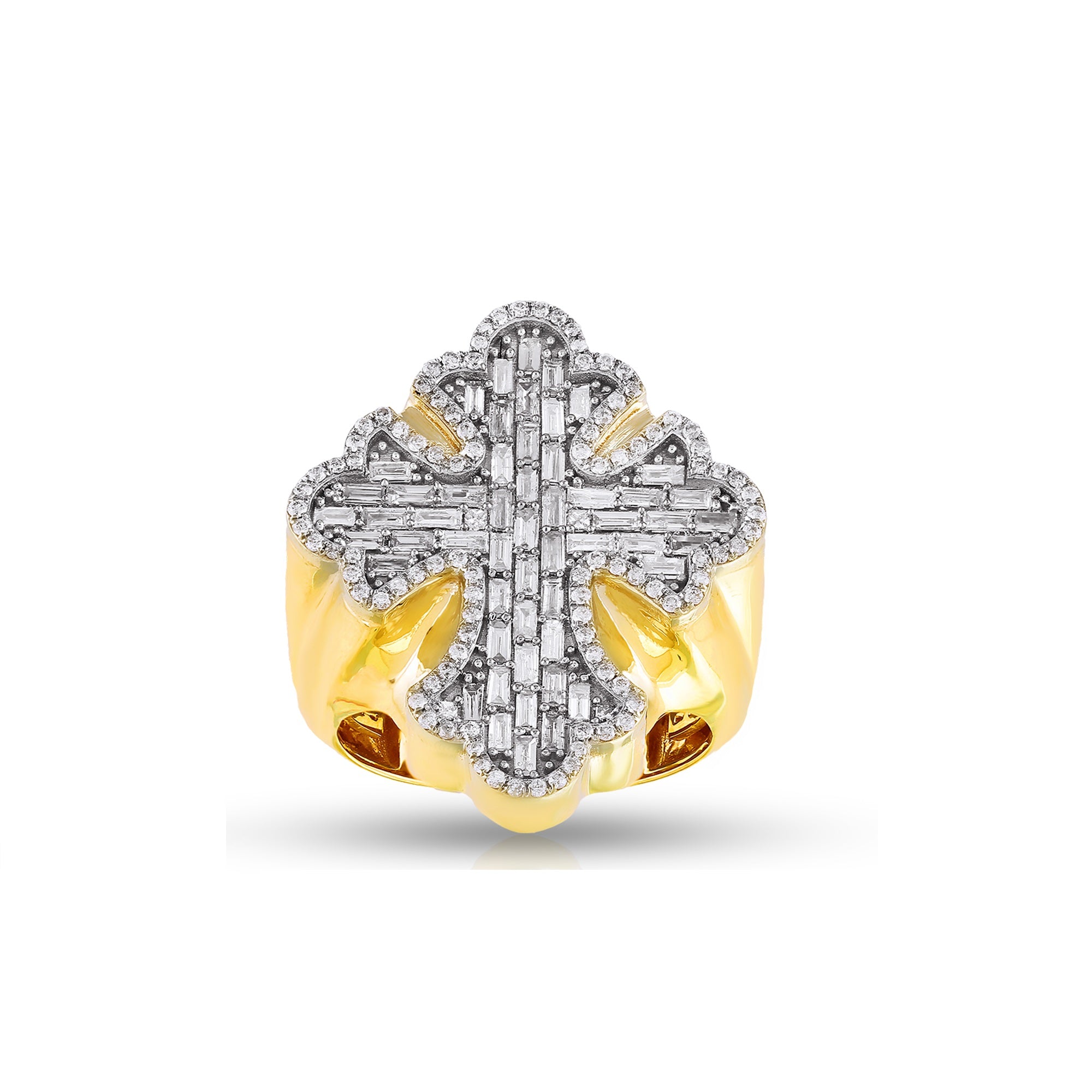 Yellow Gold White Baguette and Round Diamond Cross Ring