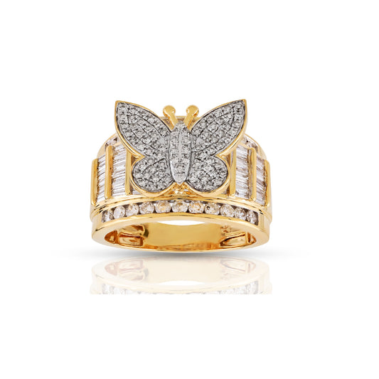 15 MM Yellow Gold Round and Baguette Diamond Butterfly Ring