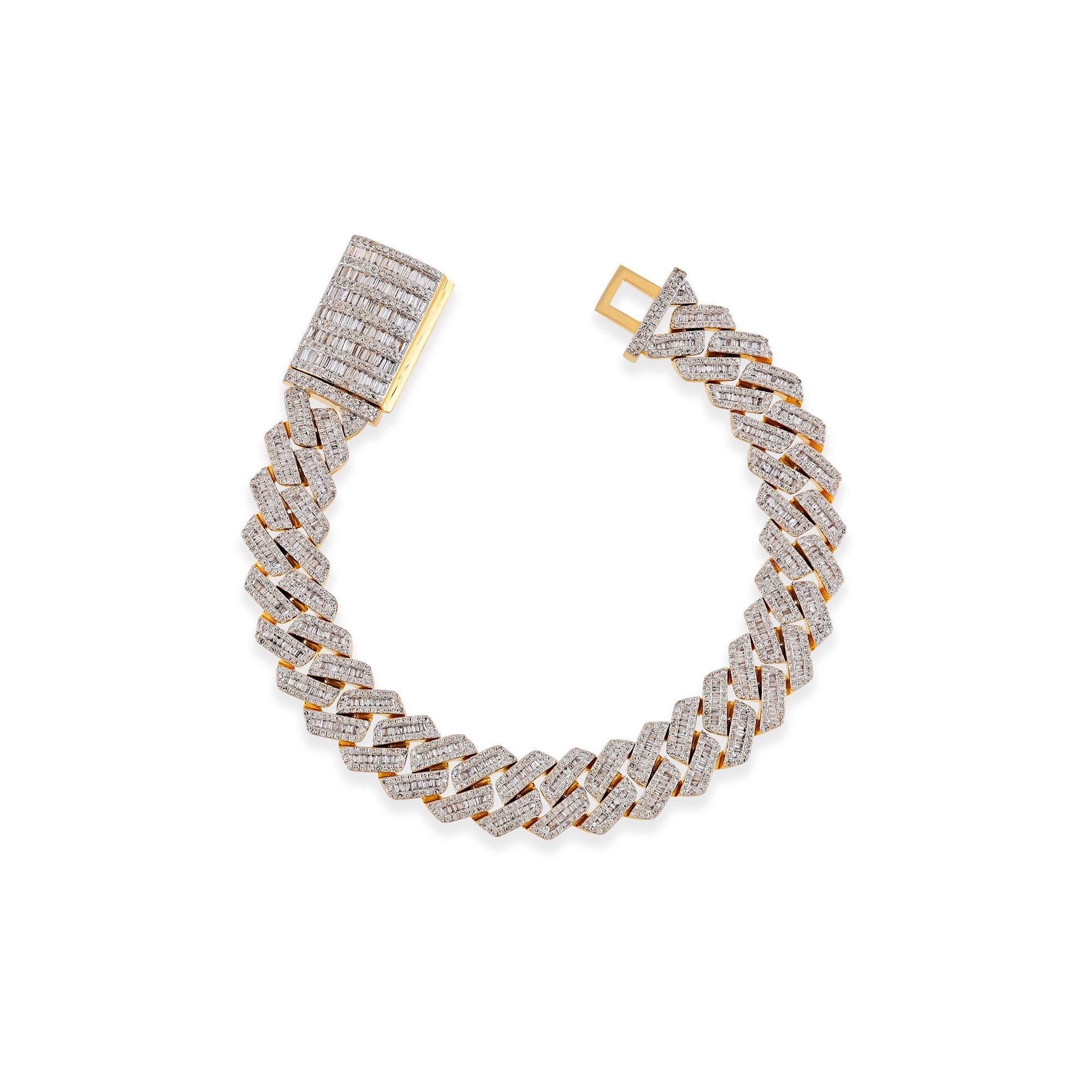 12mm Yellow Gold Round and Baguette Diamond Cuban Bracelet