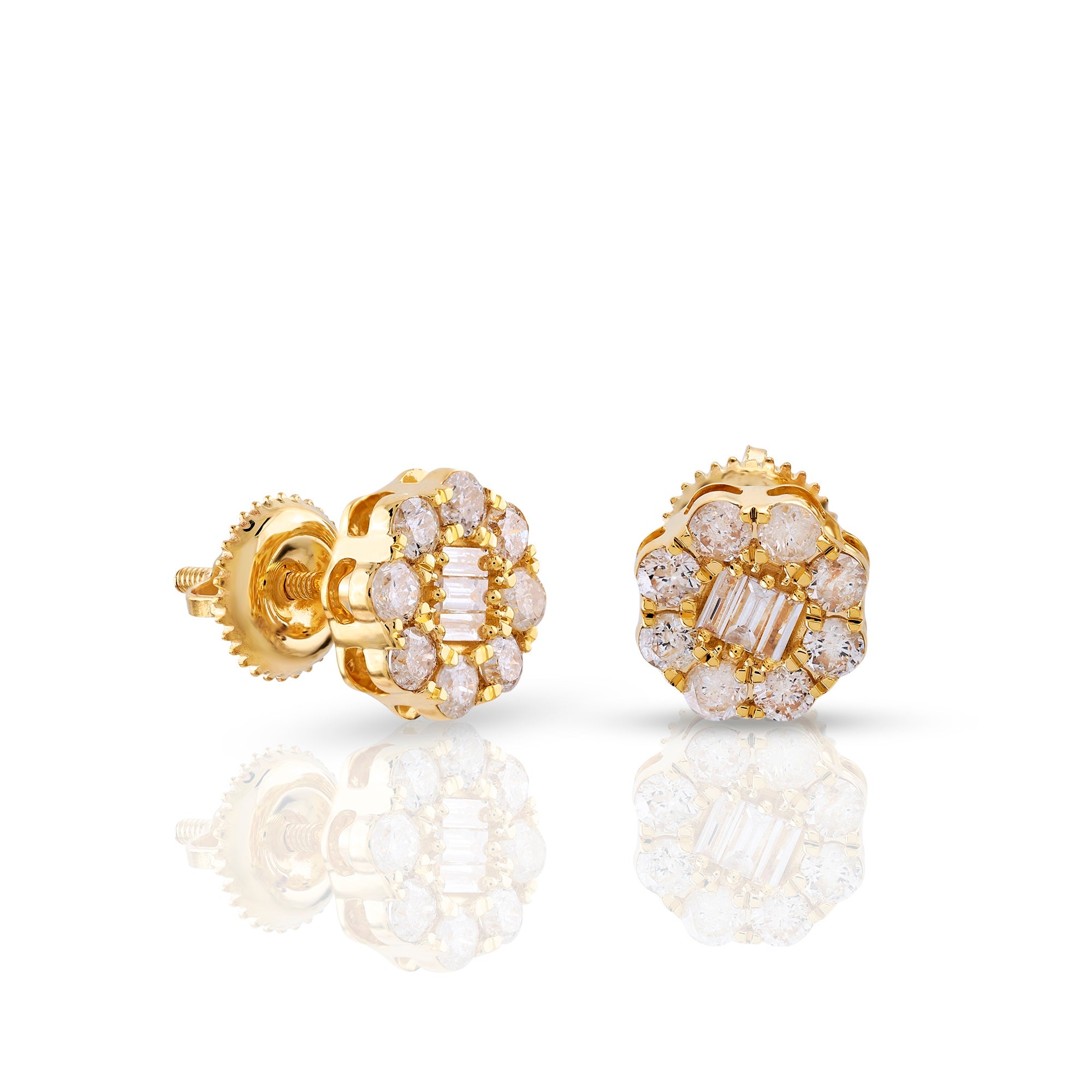 Baguette and Round Diamond Yellow Gold Stud Earrings