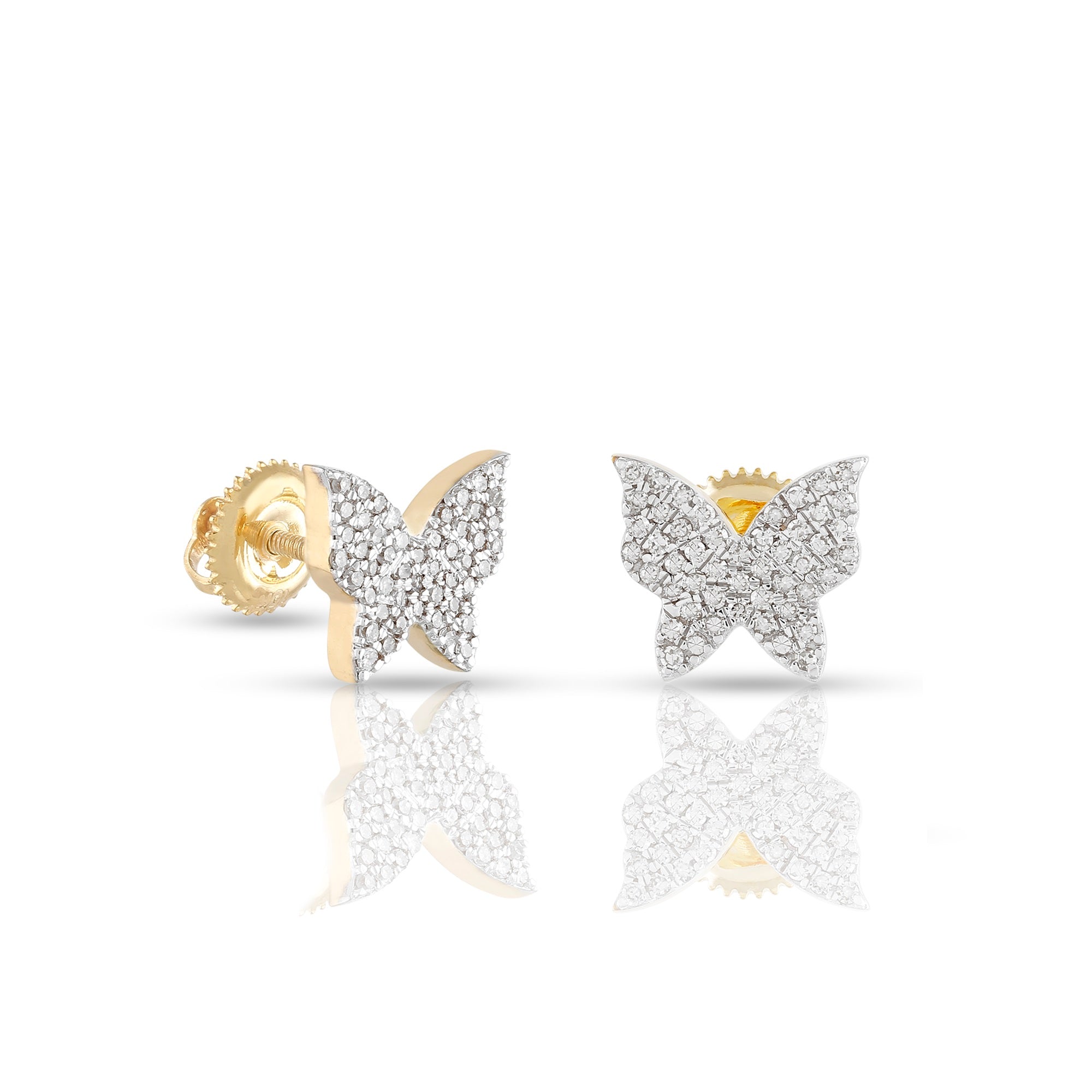 Yellow Gold Round Diamond Cluster Butterfly Stud Earrings