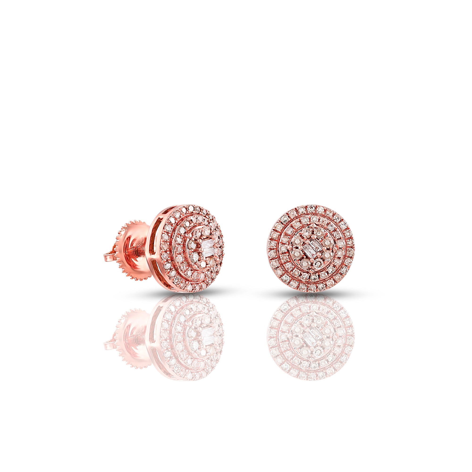 0.37Ct Round and Baguette Diamond Rose Gold Stud Earrings