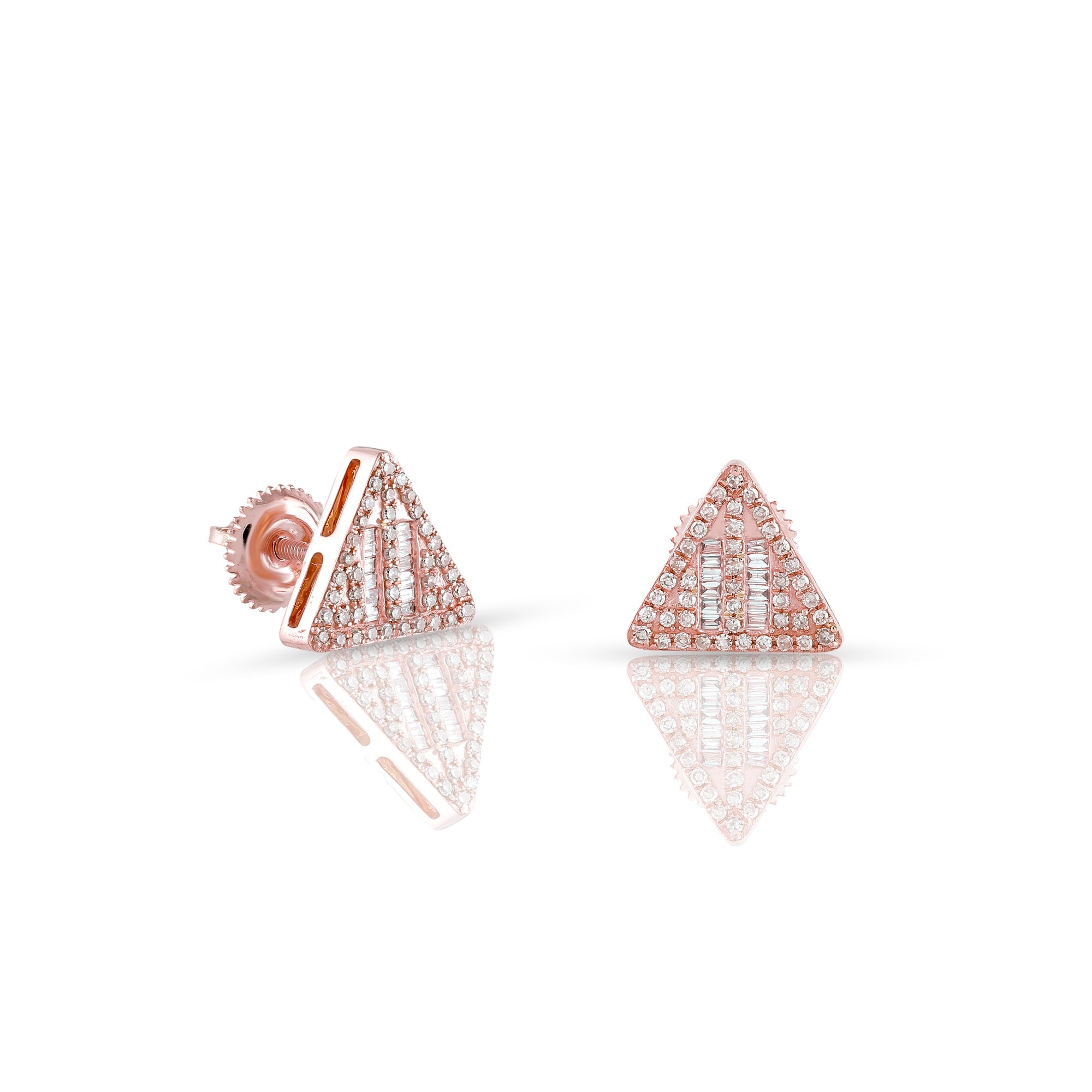 Rose Gold Round and Baguette Diamond Triangle Stud Earrings