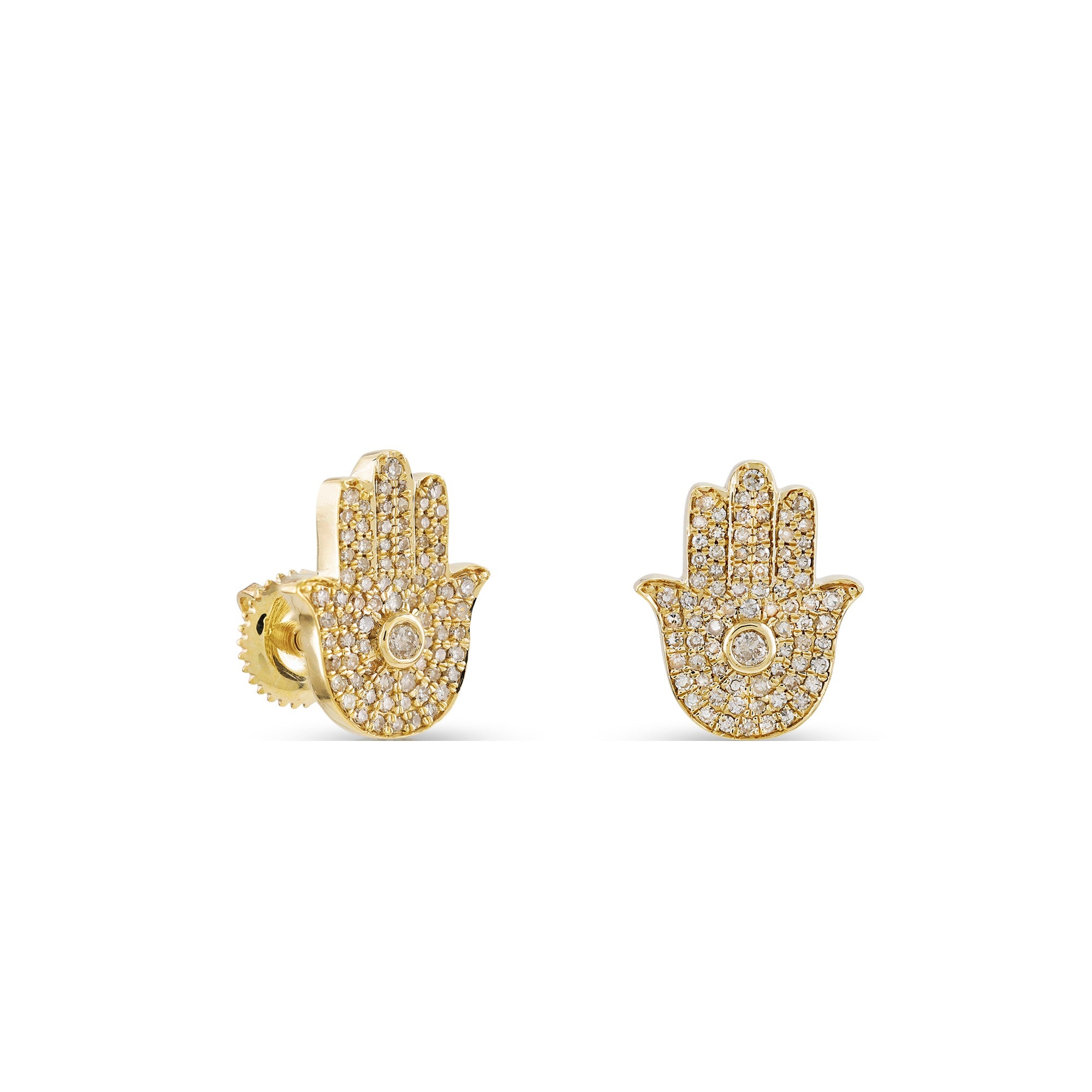 Yellow Gold Round Diamond Cluster Hamsa Stud Earrings