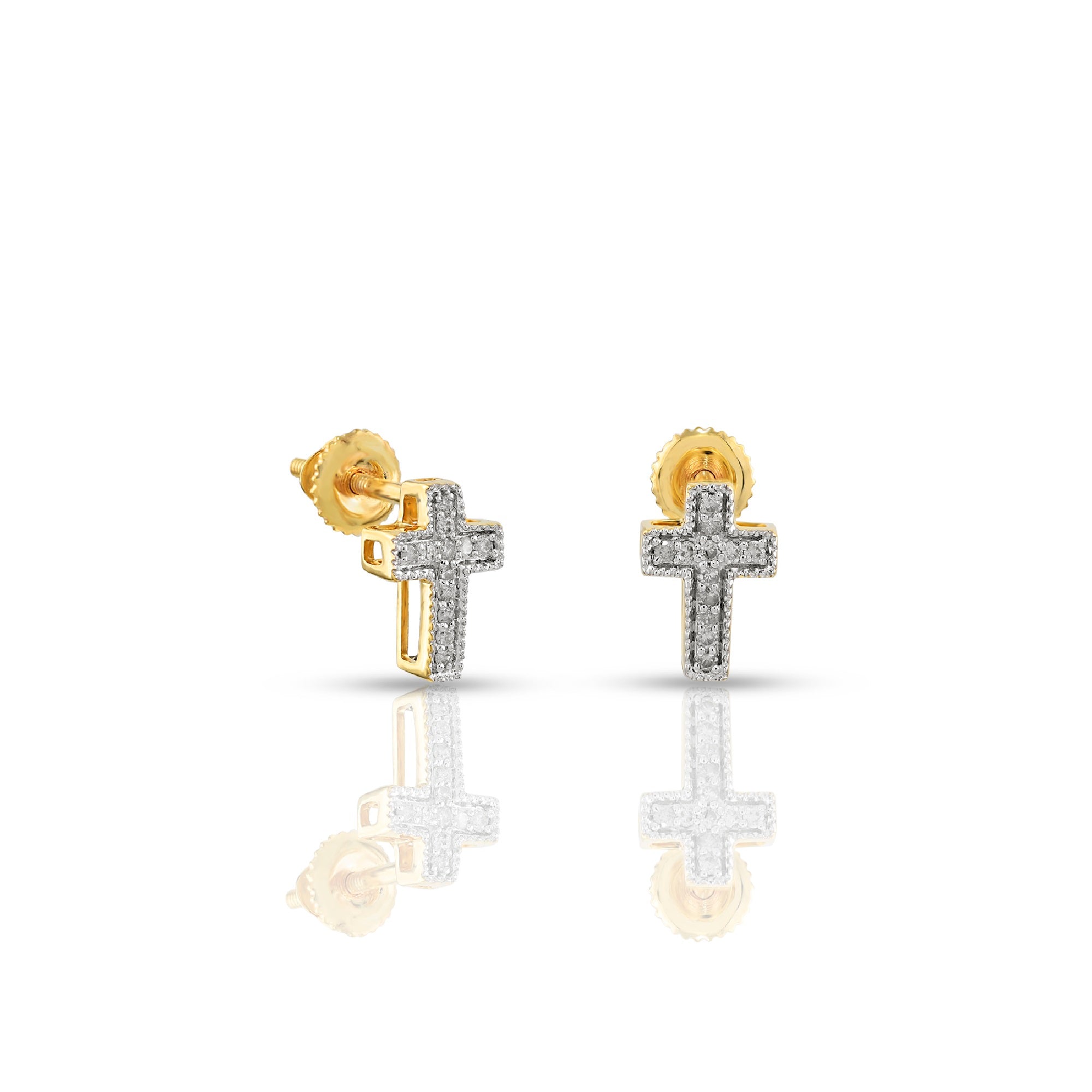 Yellow Gold Round Diamond Cross Stud Earrings
