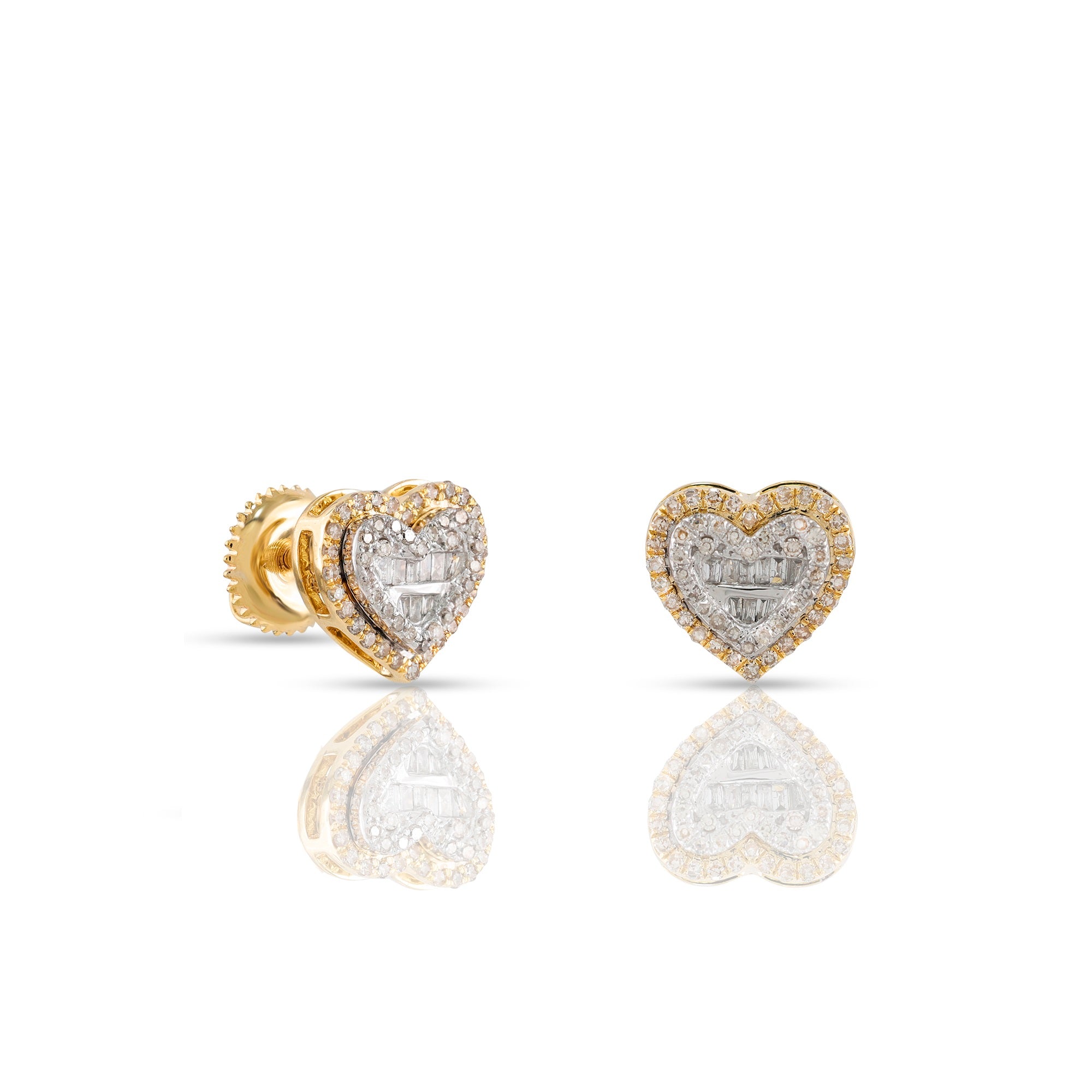 Yellow Gold Round and Baguette Diamond Heart Stud Earrings