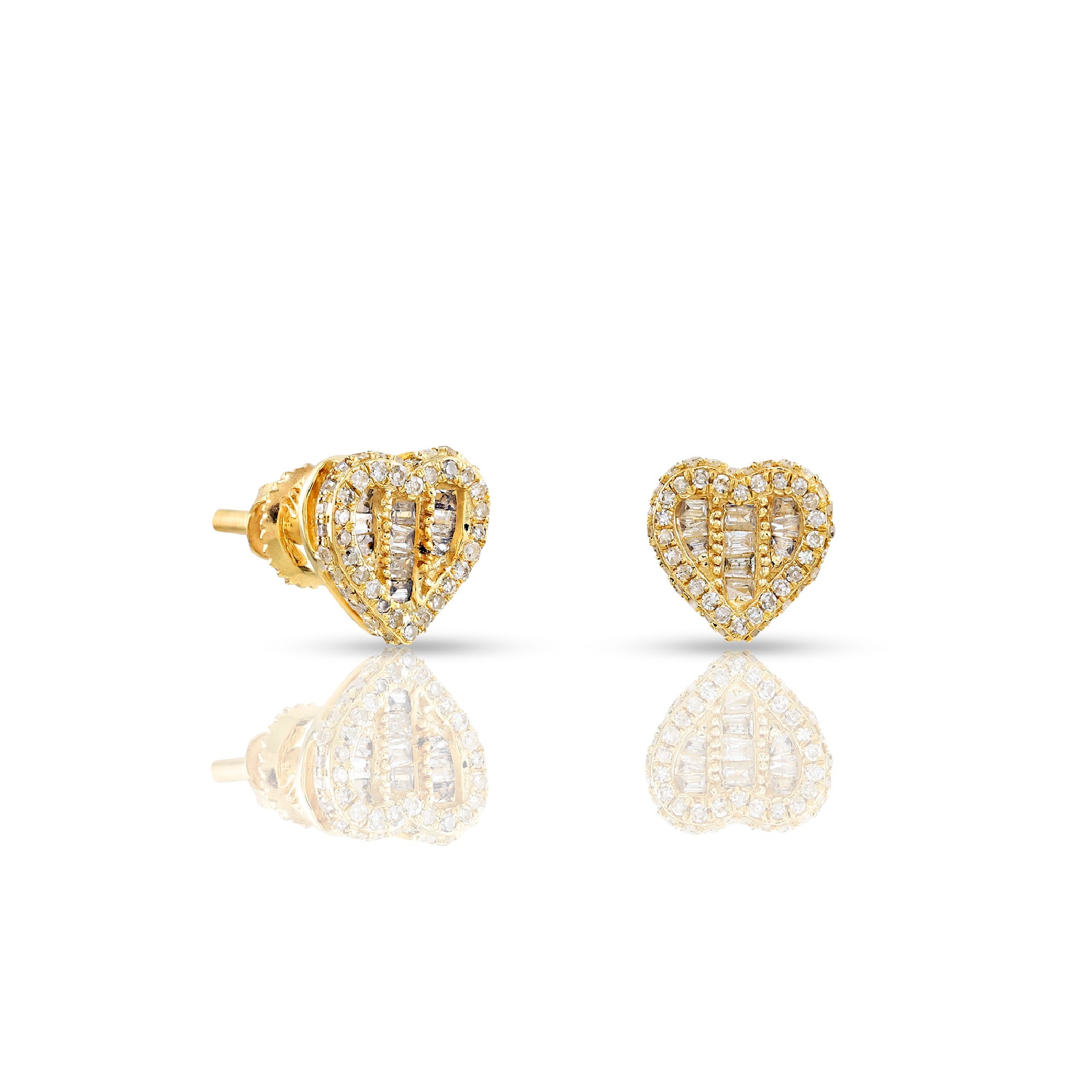 Round and Baguette Diamond Yellow Gold Heart Stud Earrings