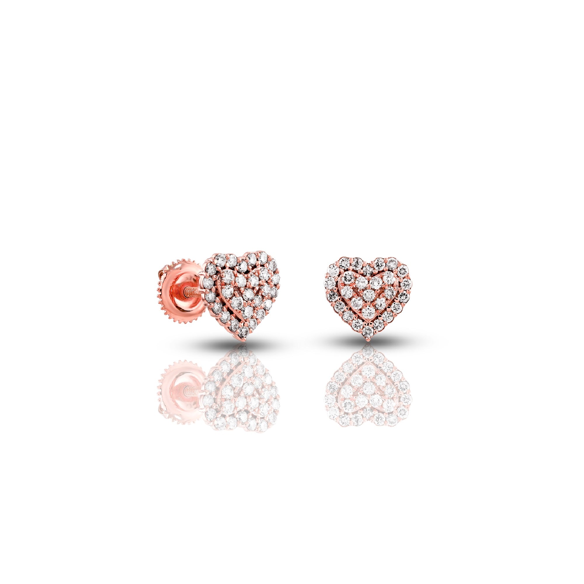 Rose Gold Round Diamond Double Heart Stud Earrings