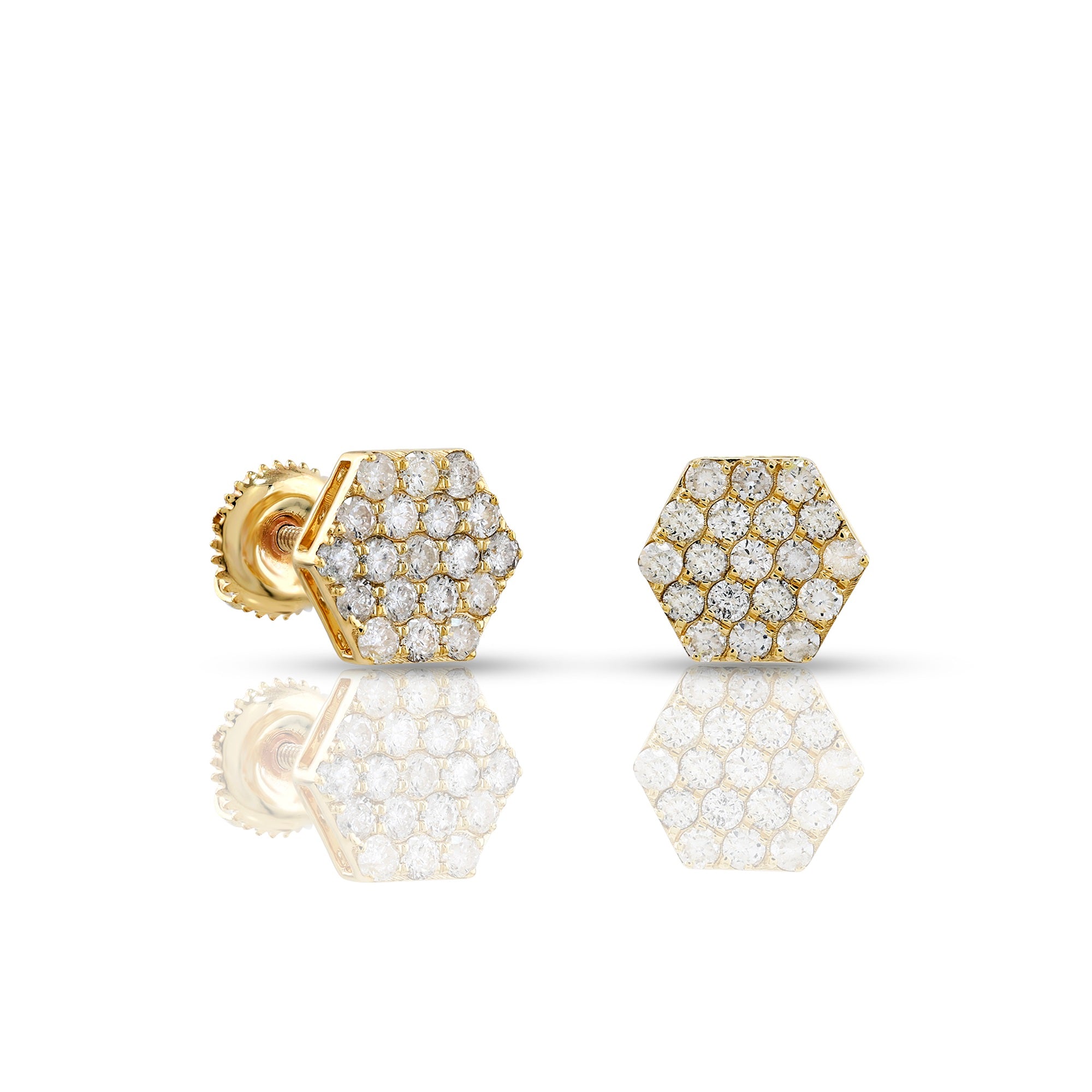 0.79Ct Yellow Gold Round Diamond Cluster Hexagon Stud Earrings