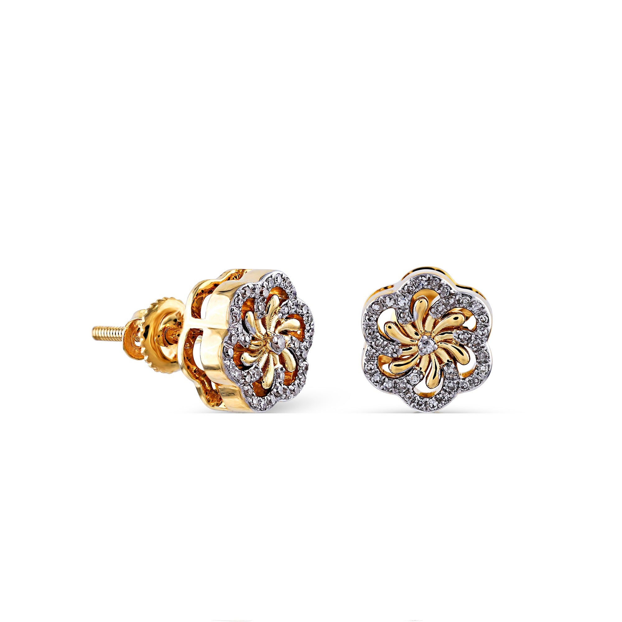 Yellow Gold Round Diamond Flower Stud Earrings