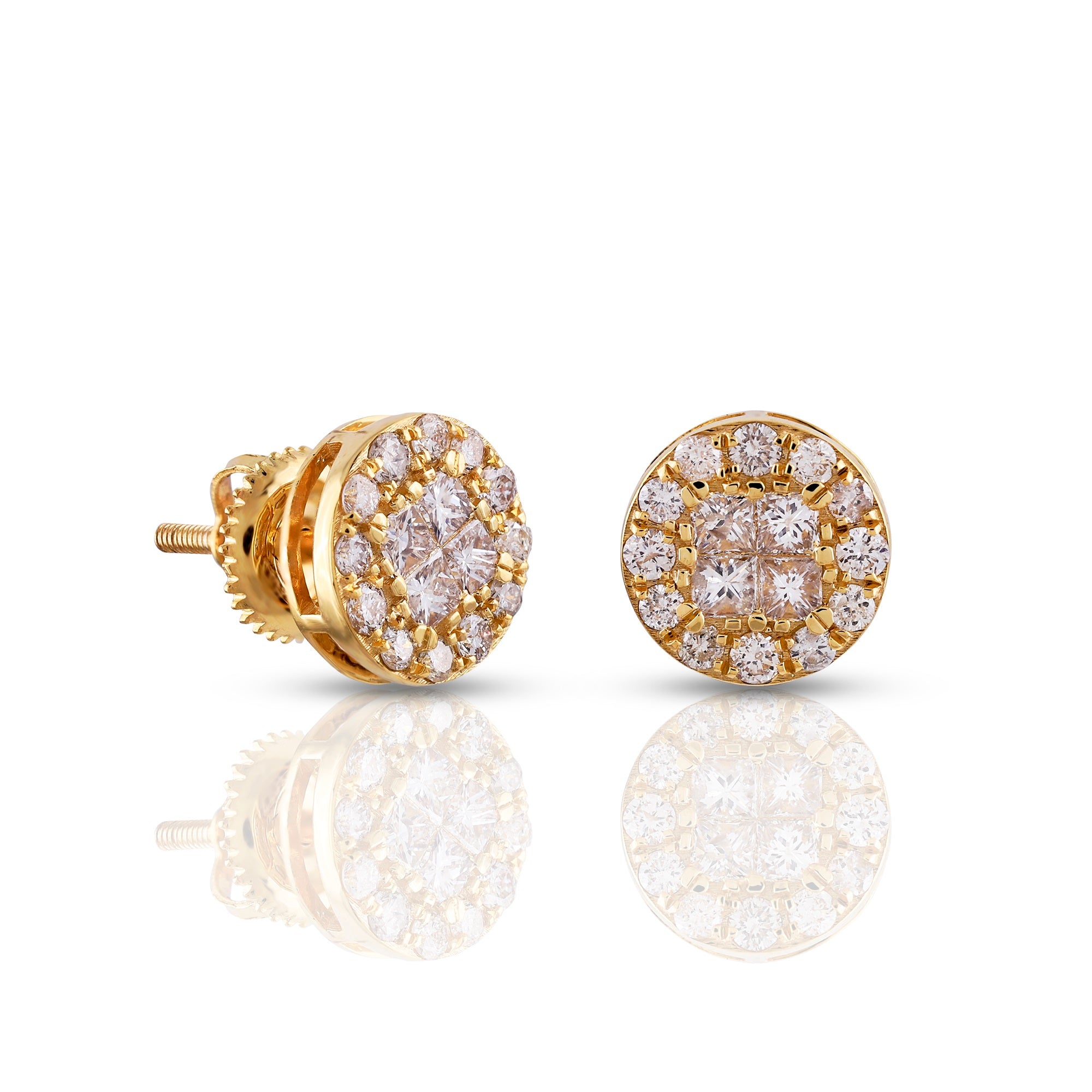 0.87Ct Round and Princess Cut Diamond Yellow Gold Stud Earrings