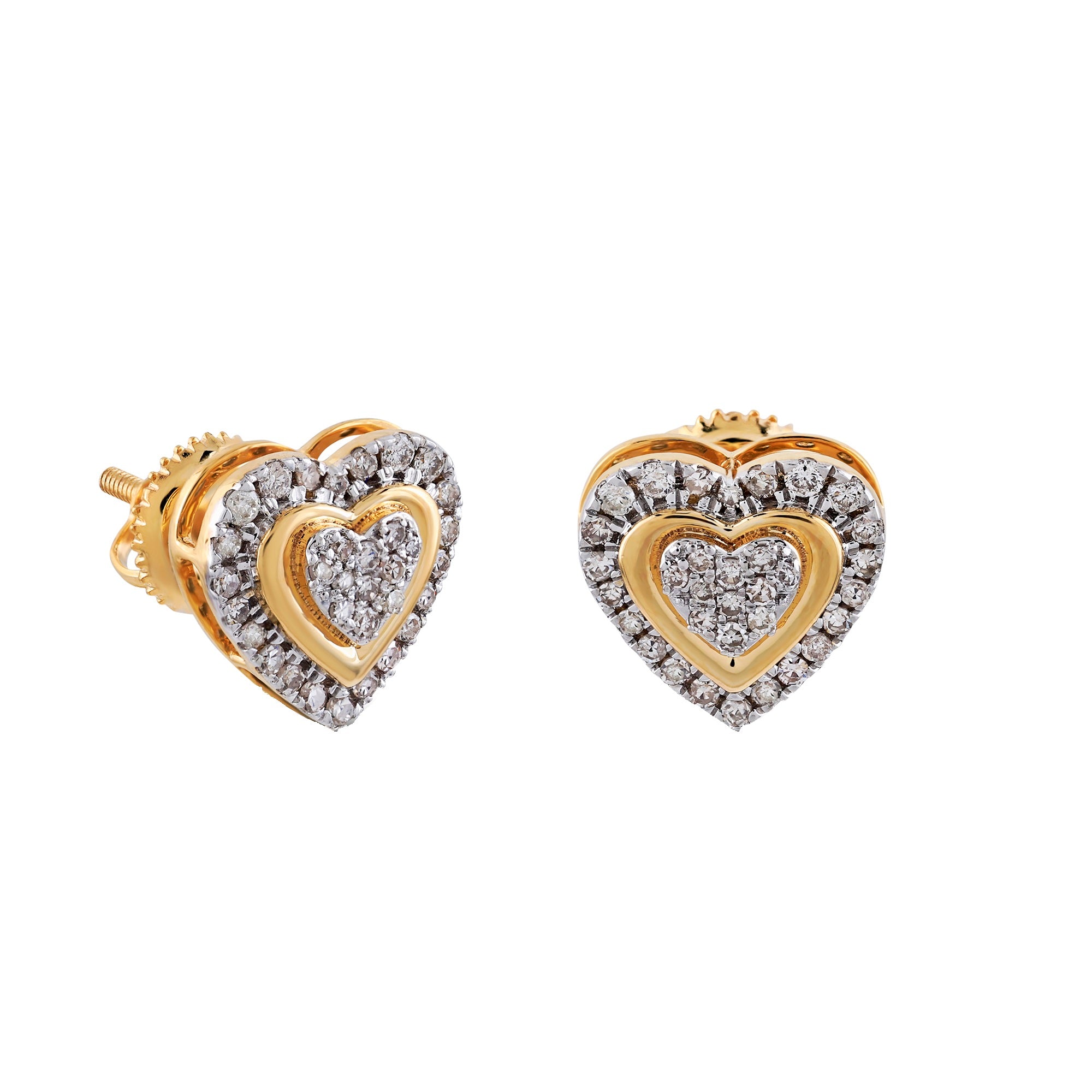 Yellow Gold Round Diamond Double Heart Stud Earring For Women's