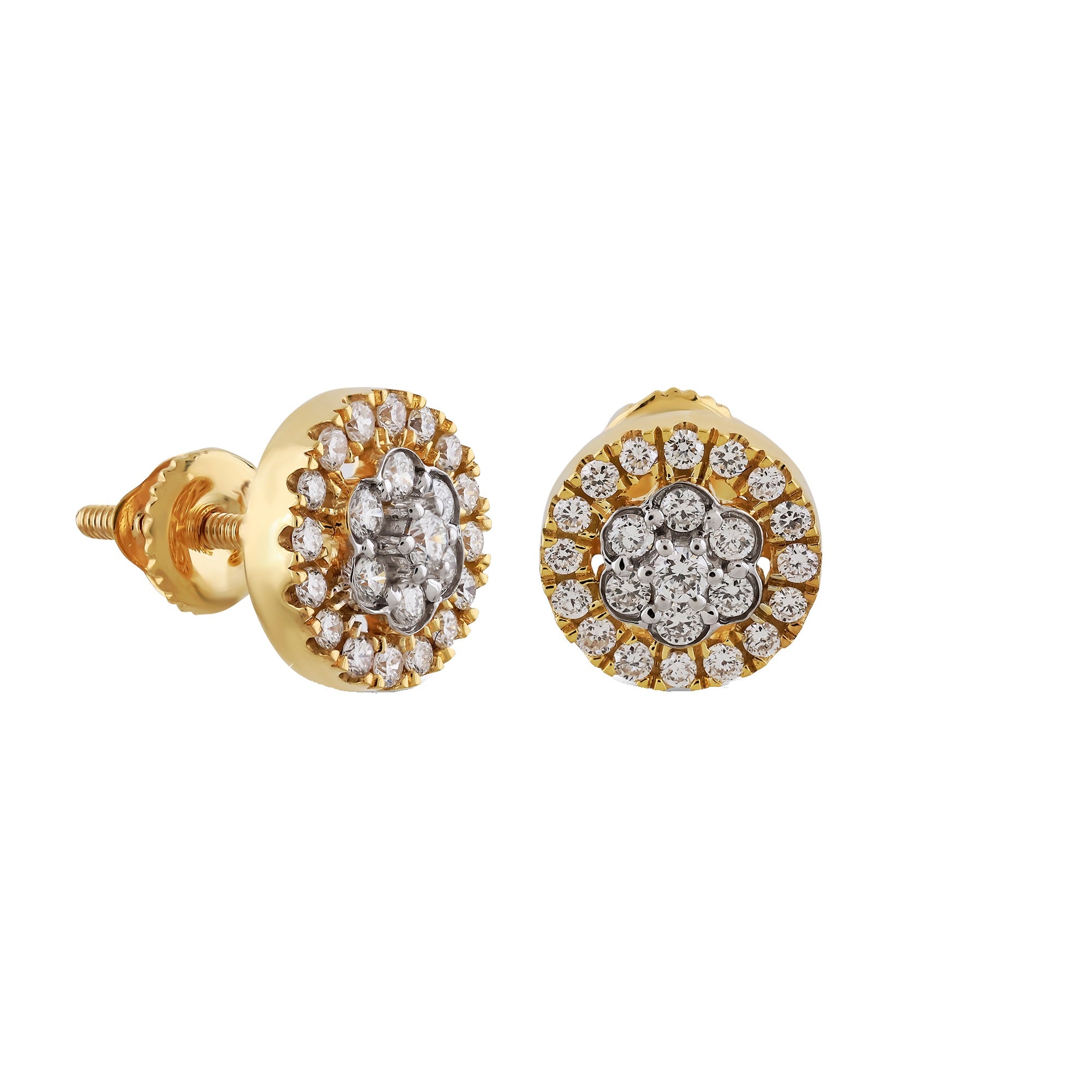 Round Diamond Yellow Gold Floral Stud Earring