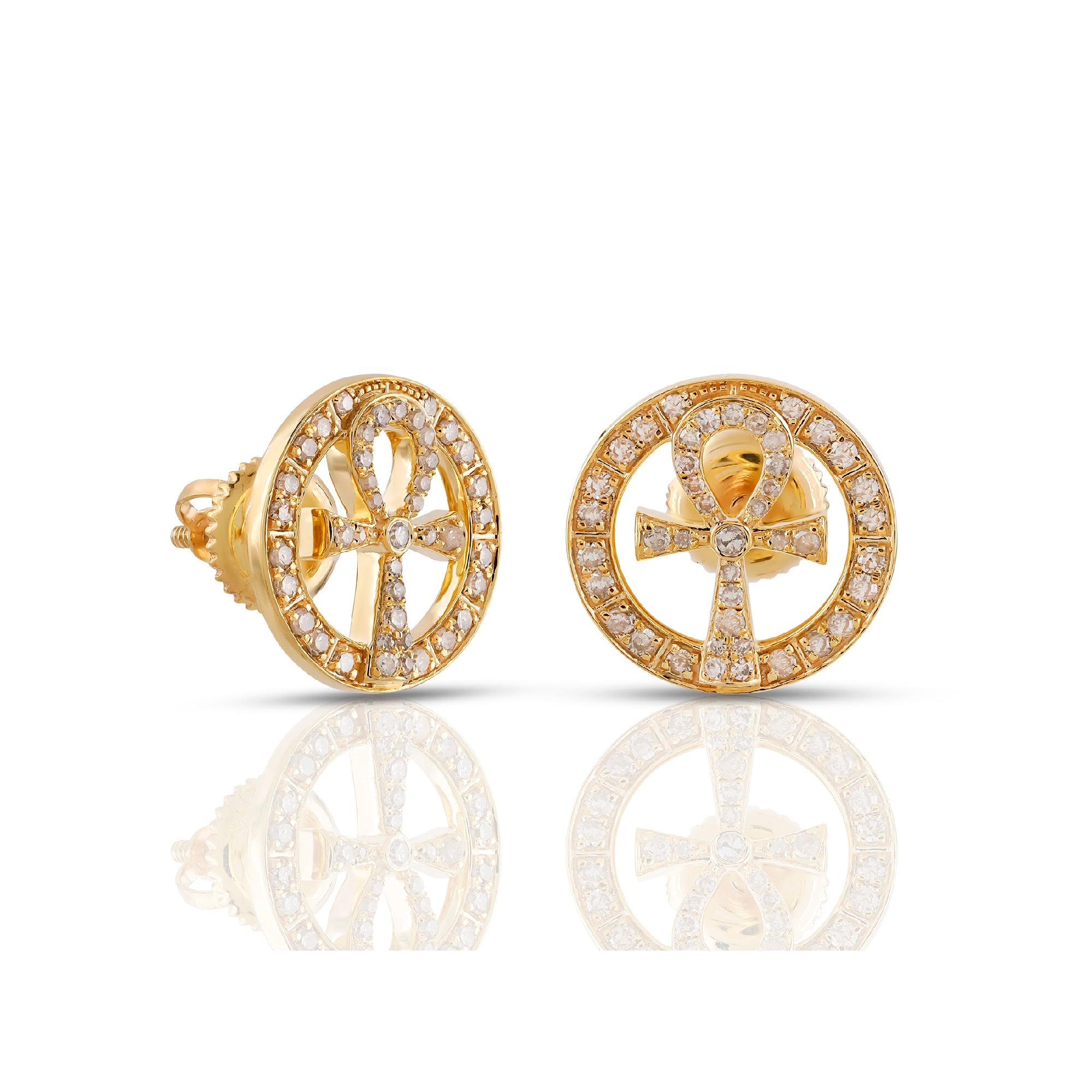 Yellow Gold Round Diamond Cross Earrings