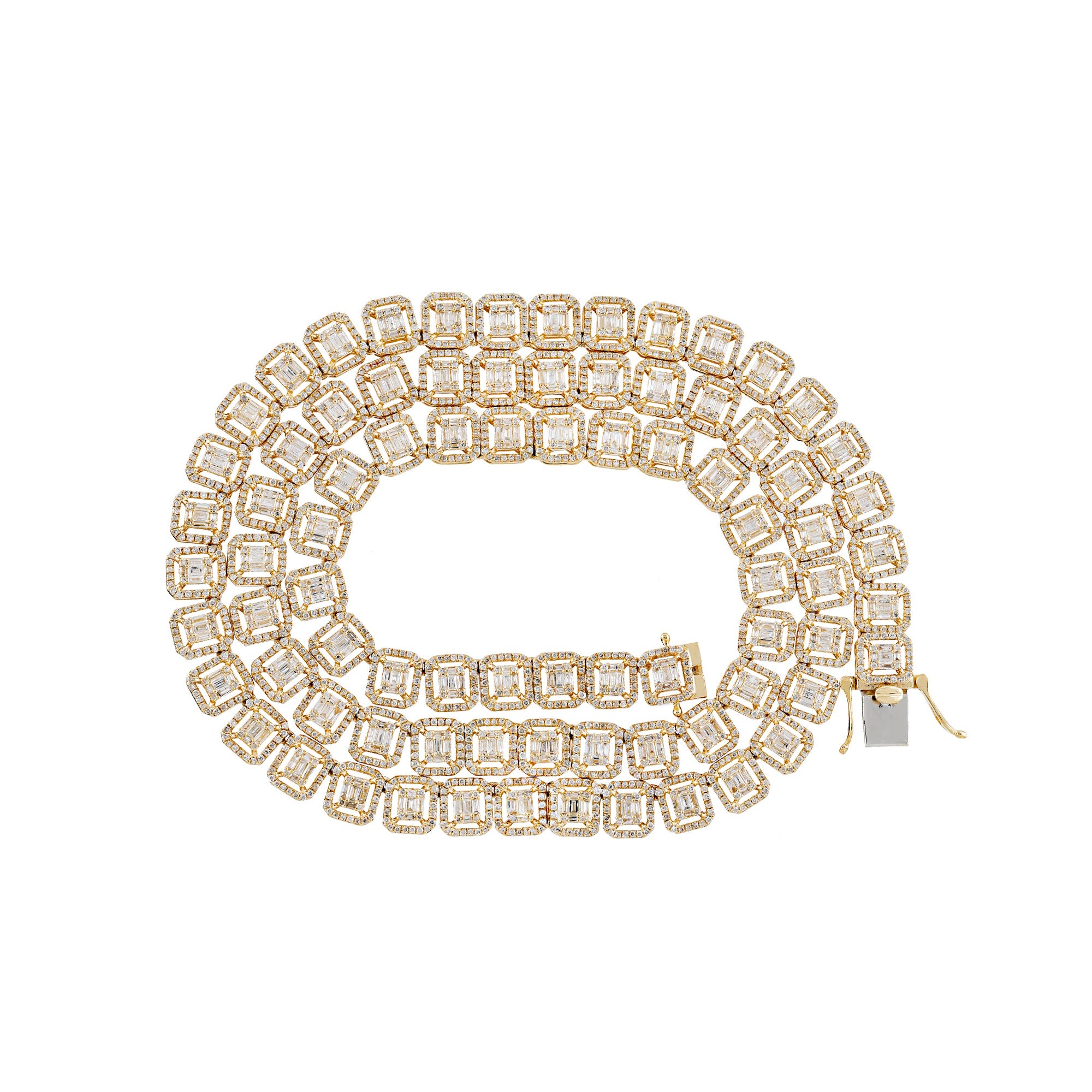 Yellow Gold Baguette and Round Diamond Chain For Men