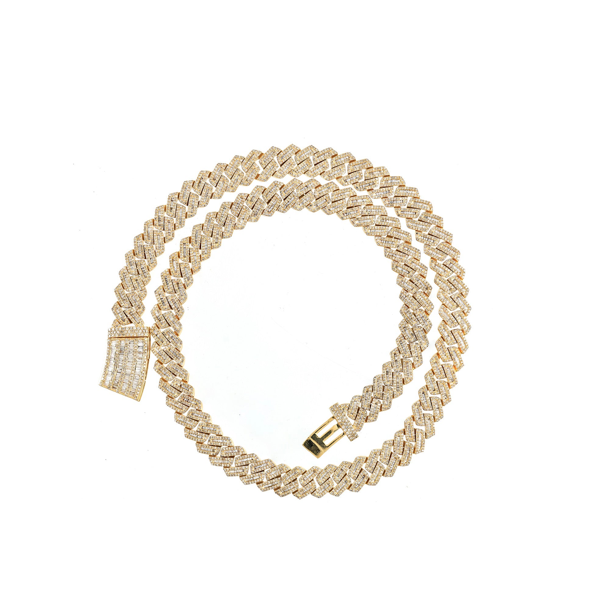 Yellow Gold Baguette And Round Diamond Cuban Chain For Men's