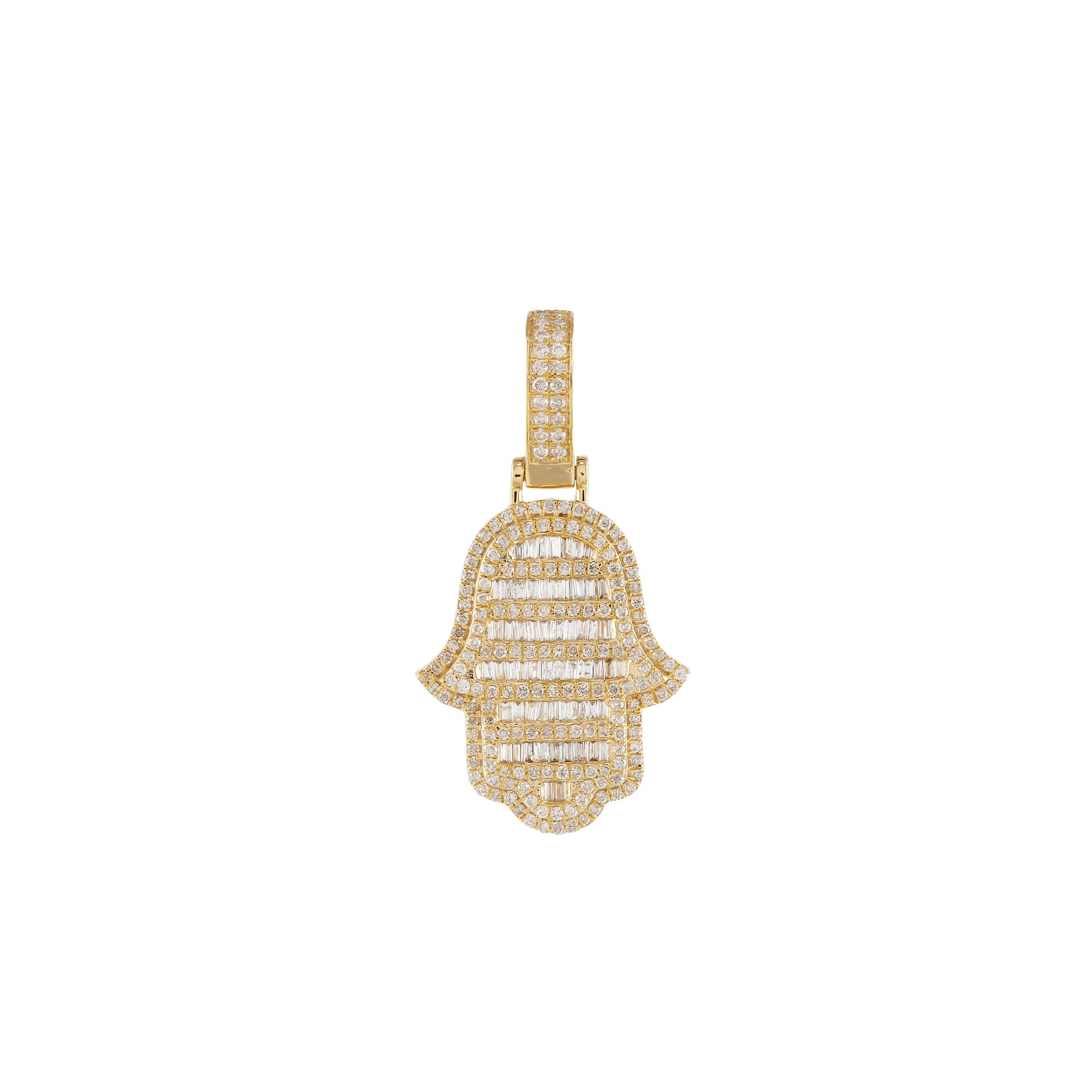 Yellow Gold Baguette and Round Diamond Hamsa Pendant