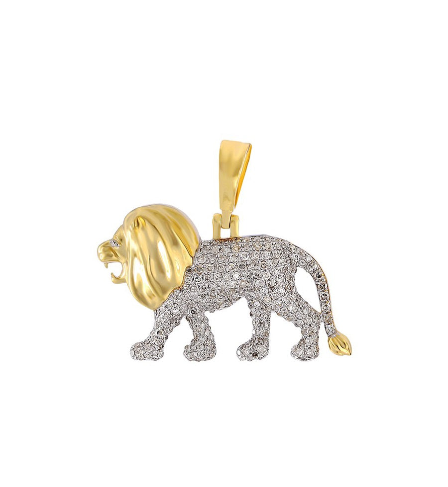 Yellow Gold Round Diamond Cluster Lion Pendant