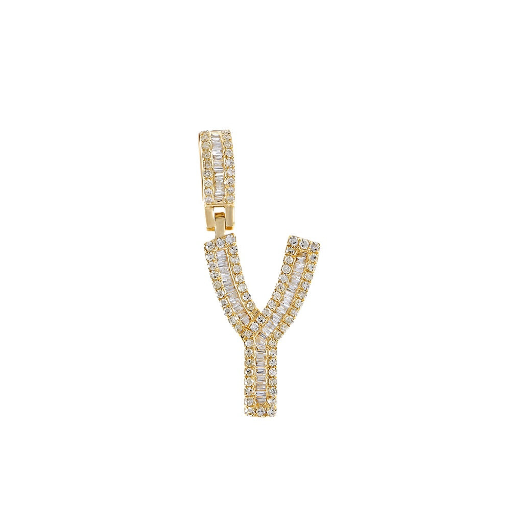 Yellow Gold Baguette Diamond Initial Pendants
