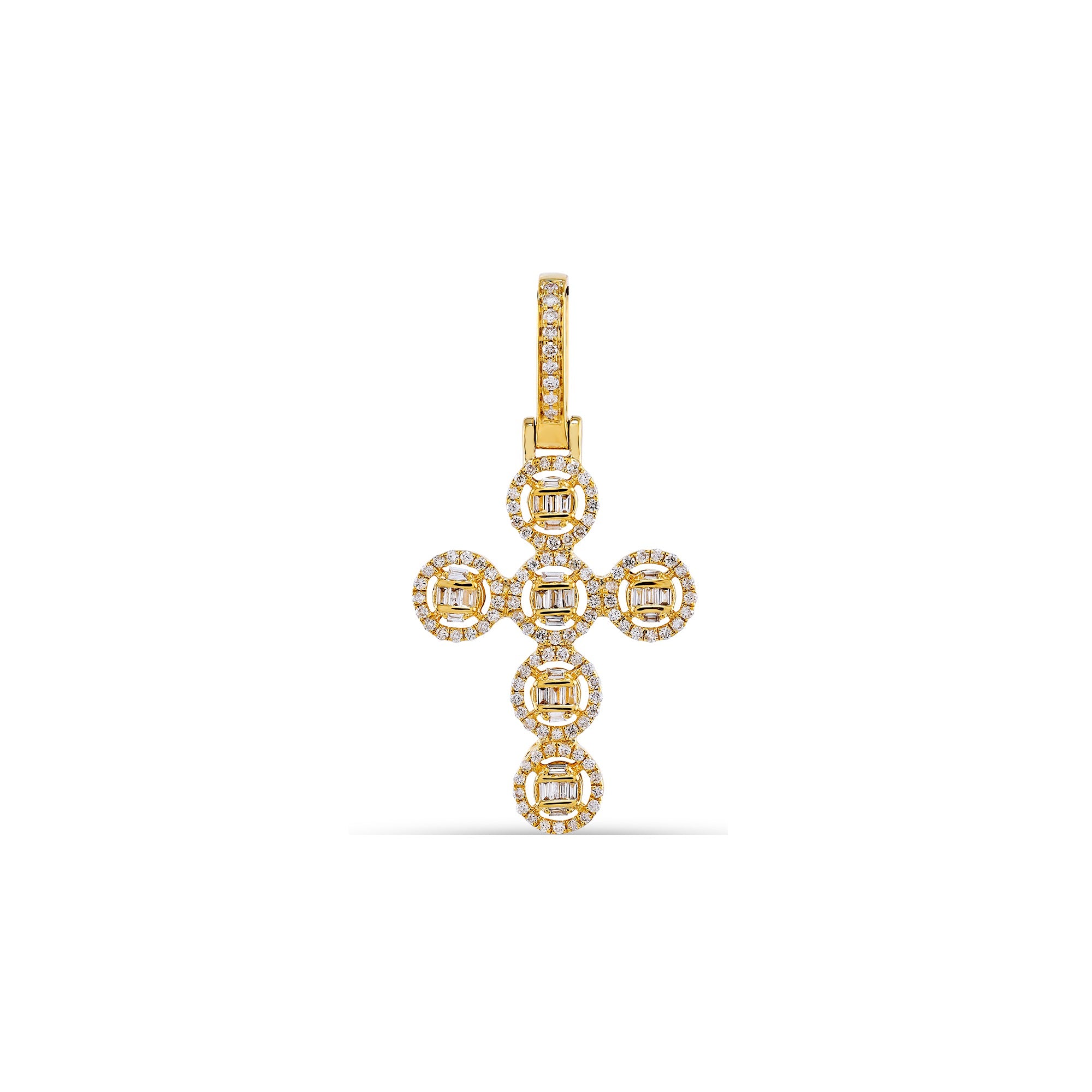 Yellow Gold Baguette and Round Diamond Cross Pendant For Men's
