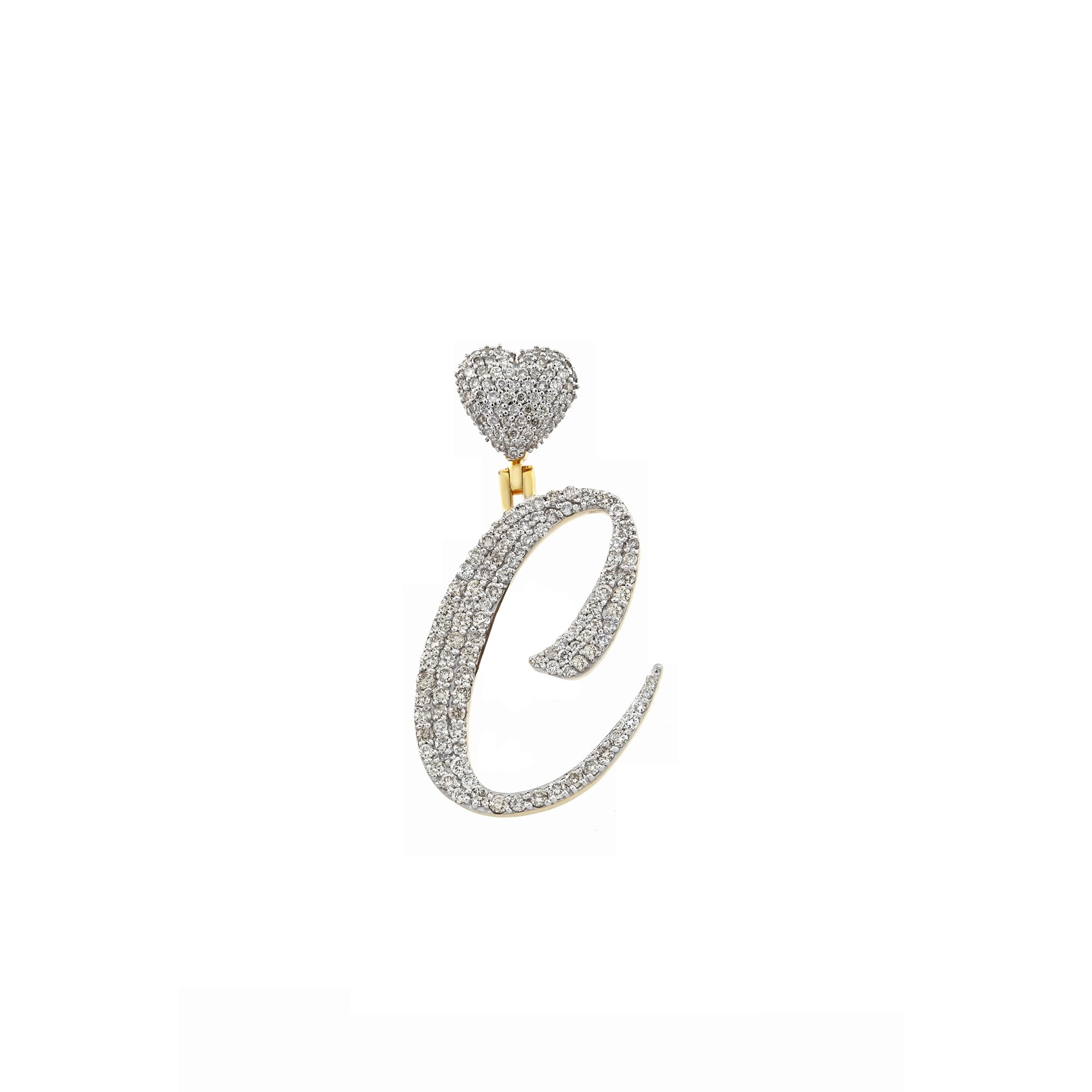 Yellow Gold Round Diamond Cluster Initial Heart Pendant