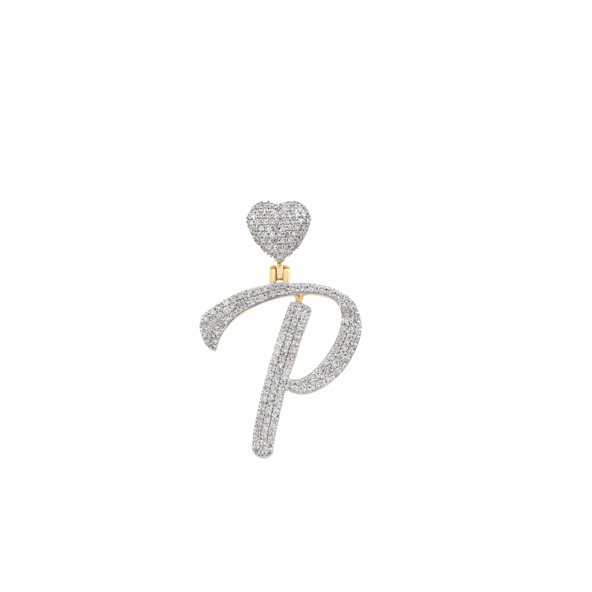 Yellow Gold Round Diamond Cluster Initial Heart Pendant