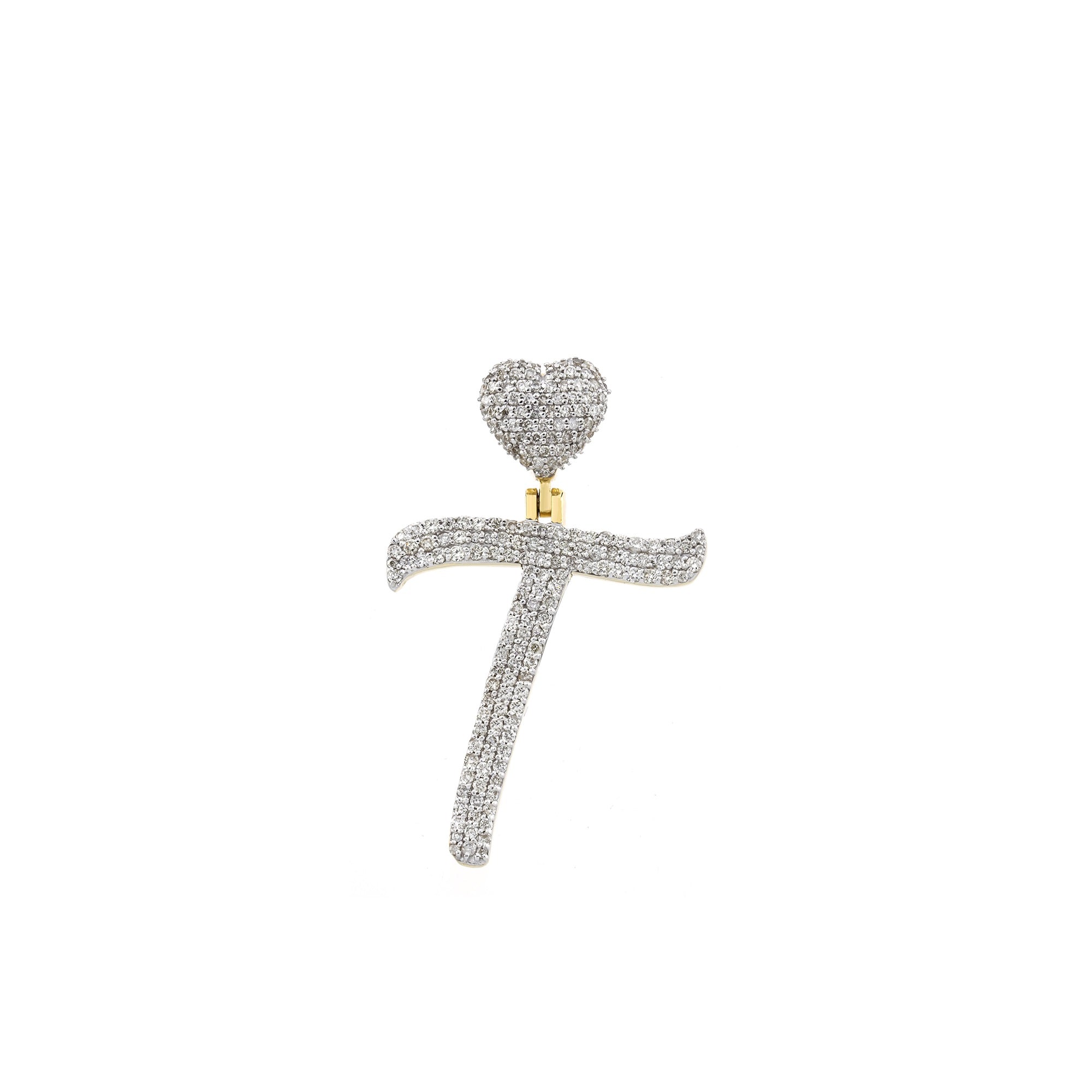 Yellow Gold Round Diamond Cluster Initial Heart Pendant