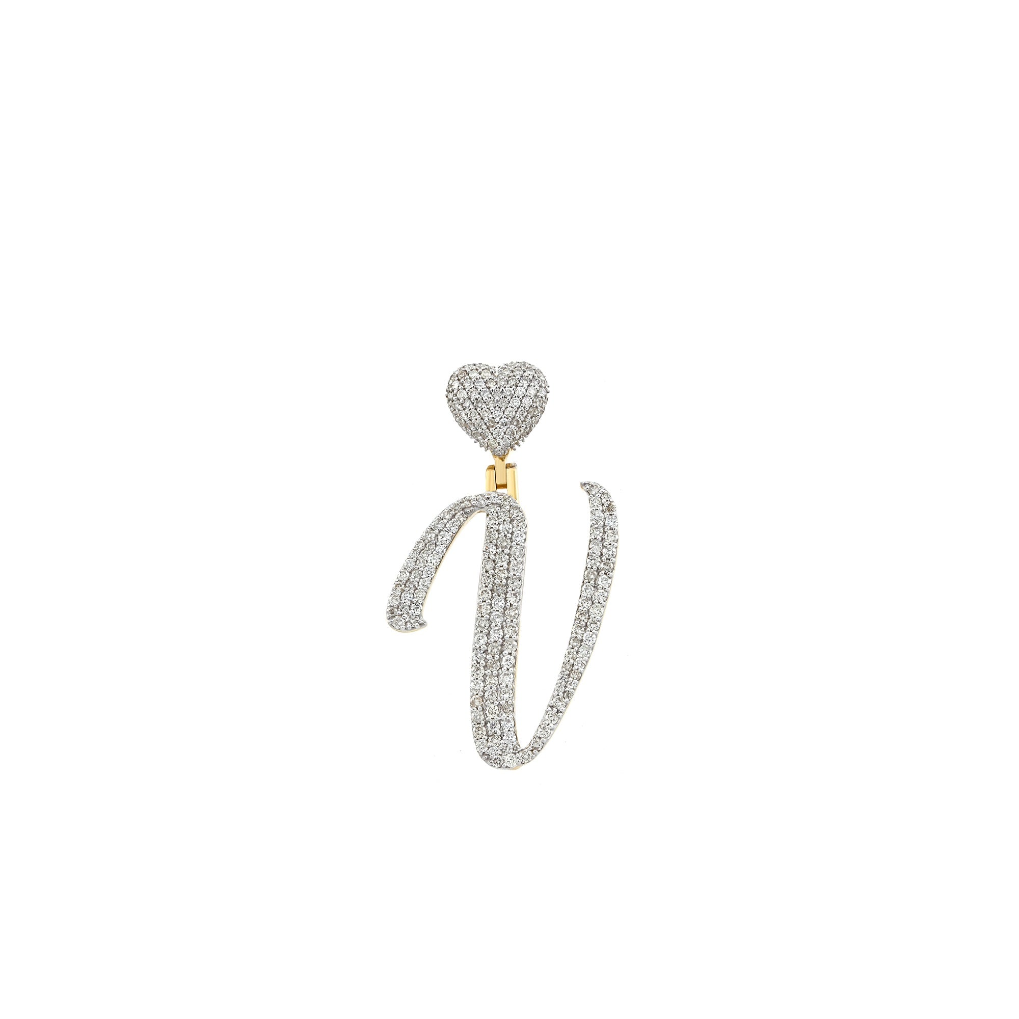 Yellow Gold Round Diamond Cluster Initial Heart Pendant