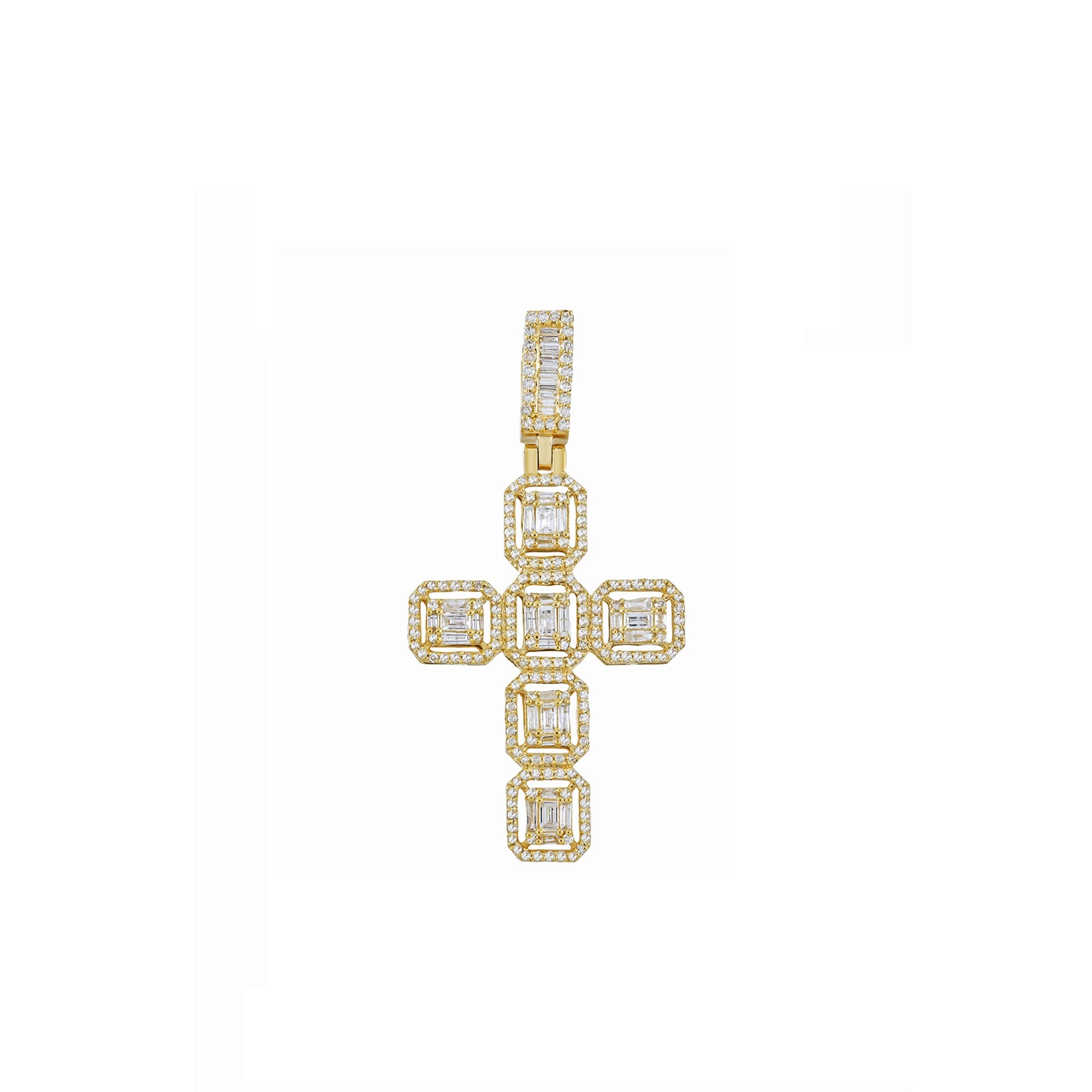 Yellow Gold Round and Baguette Diamond Cross Pendant