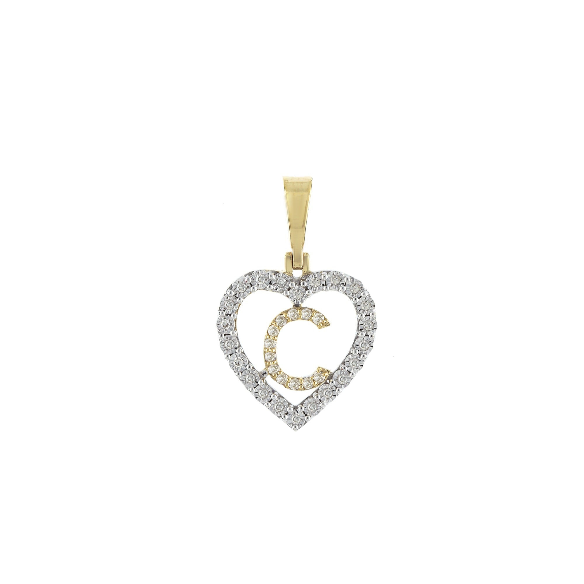 Yellow Gold Round Diamond Illusion Heart Initial Pendant
