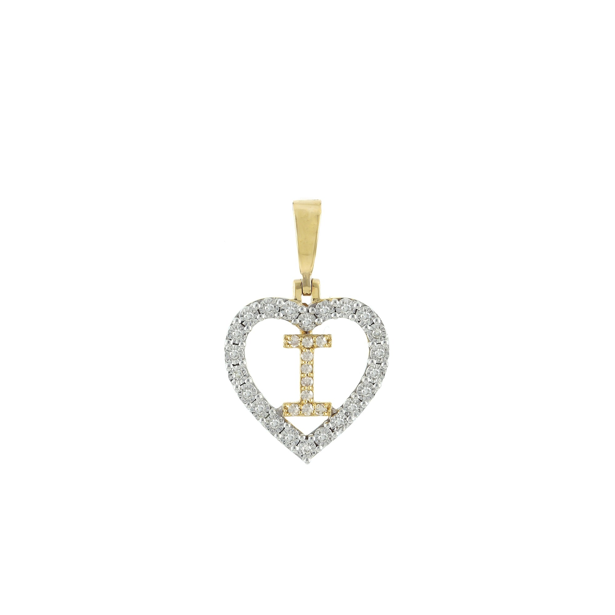 Yellow Gold Round Diamond Illusion Heart Initial Pendant