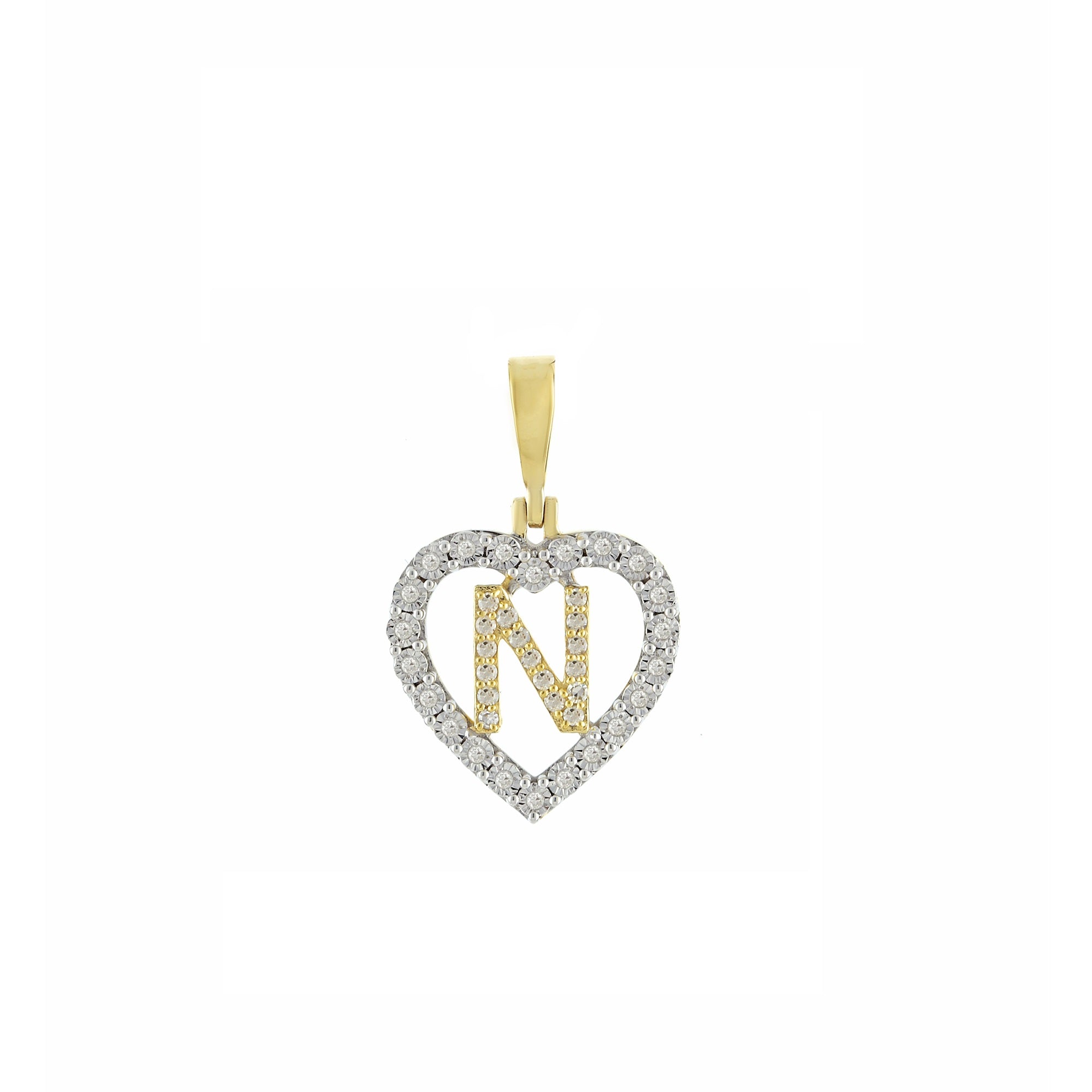 Yellow Gold Round Diamond Illusion Heart Initial Pendant