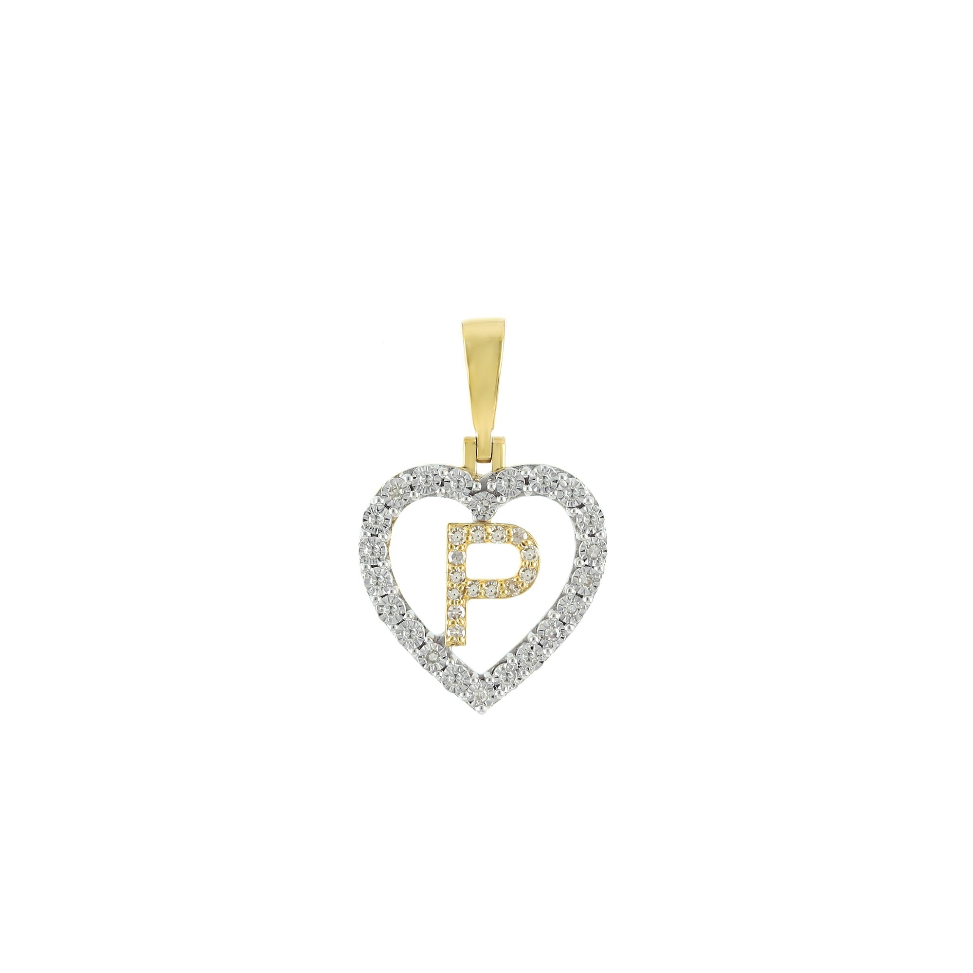 Yellow Gold Round Diamond Illusion Heart Initial Pendant
