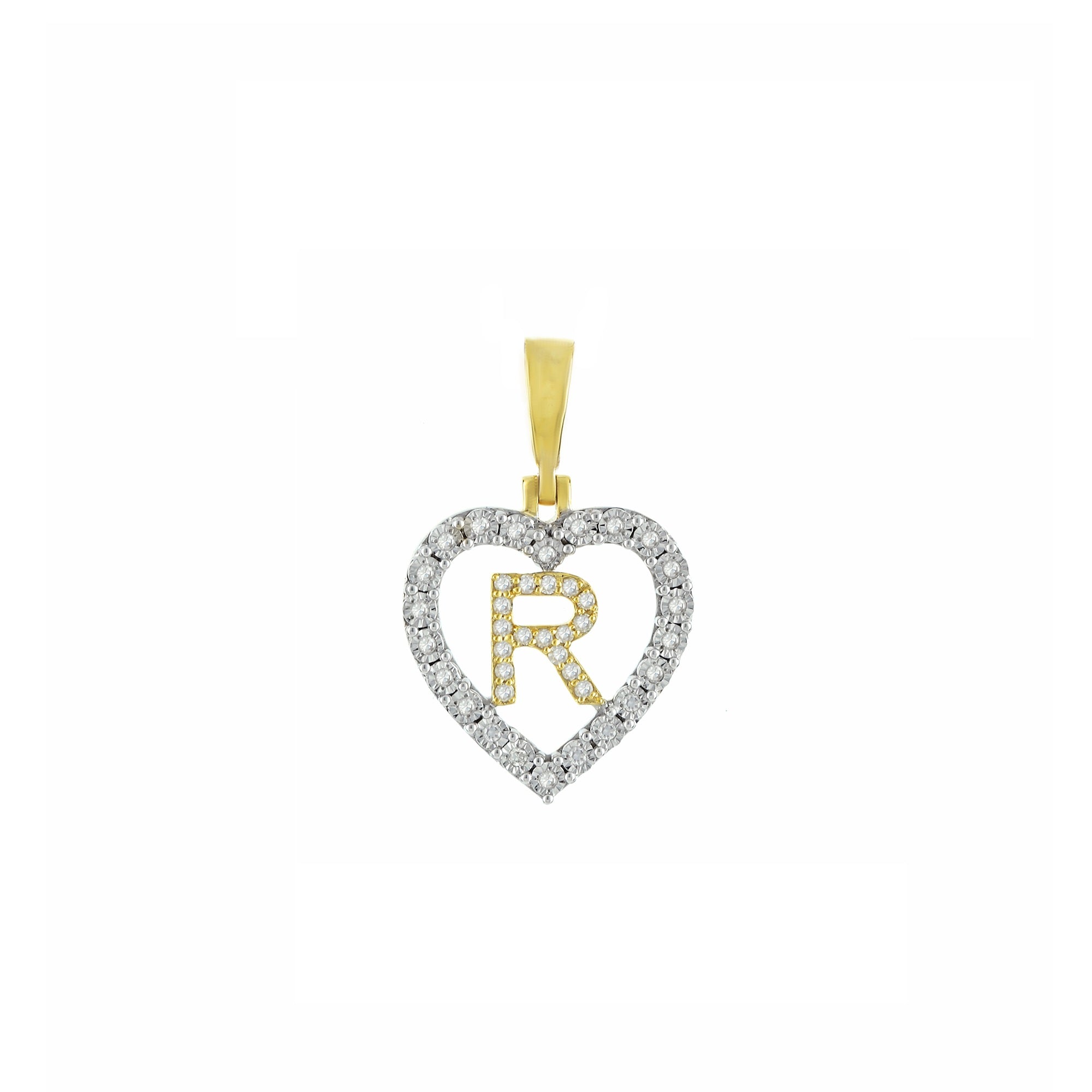 Yellow Gold Round Diamond Illusion Heart Initial Pendant