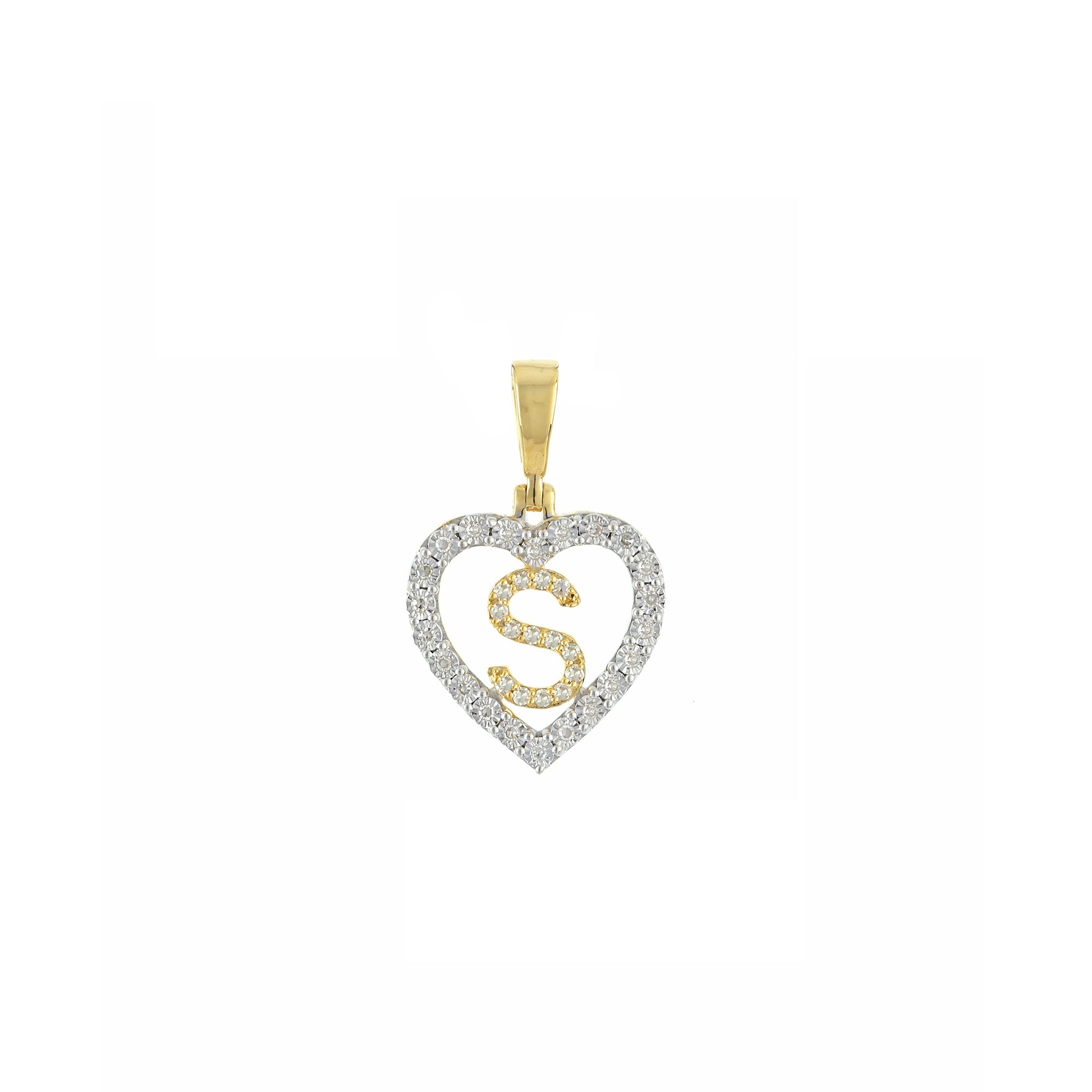 Yellow Gold Round Diamond Illusion Heart Initial Pendant