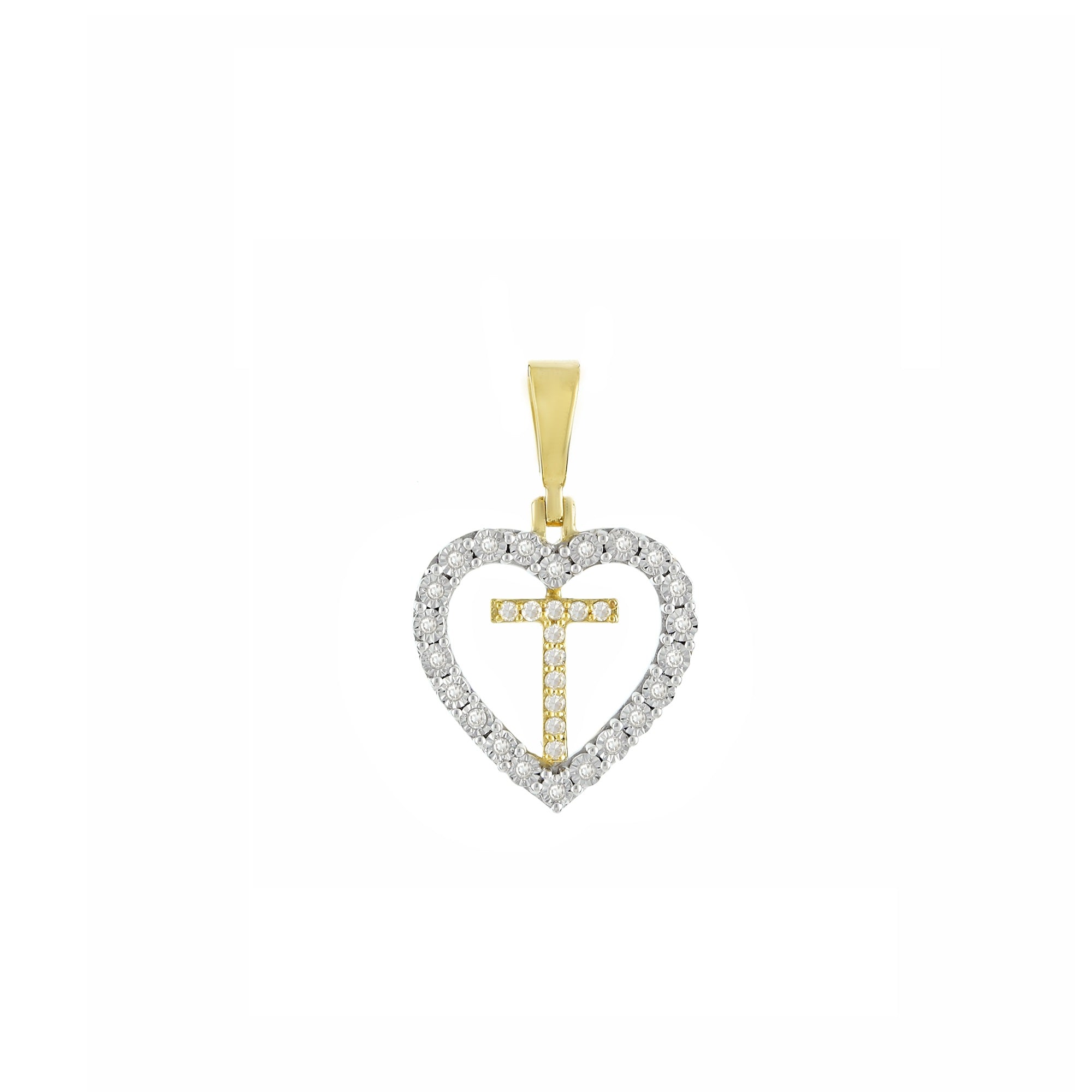 Yellow Gold Round Diamond Illusion Heart Initial Pendant