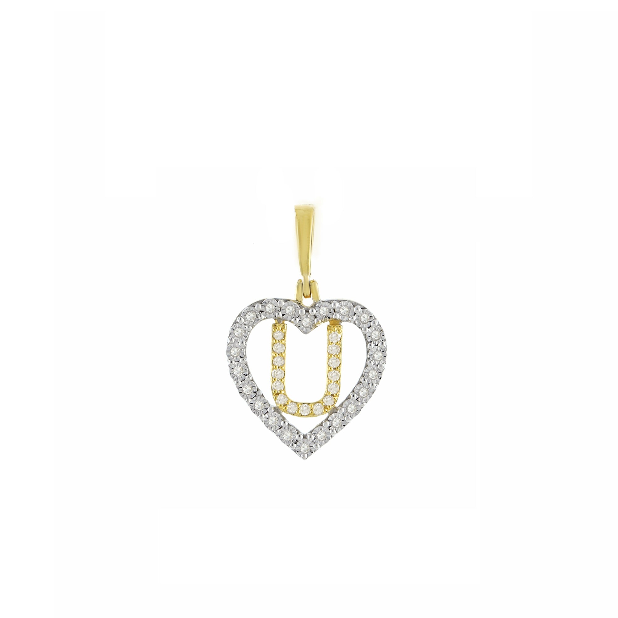 Yellow Gold Round Diamond Illusion Heart Initial Pendant
