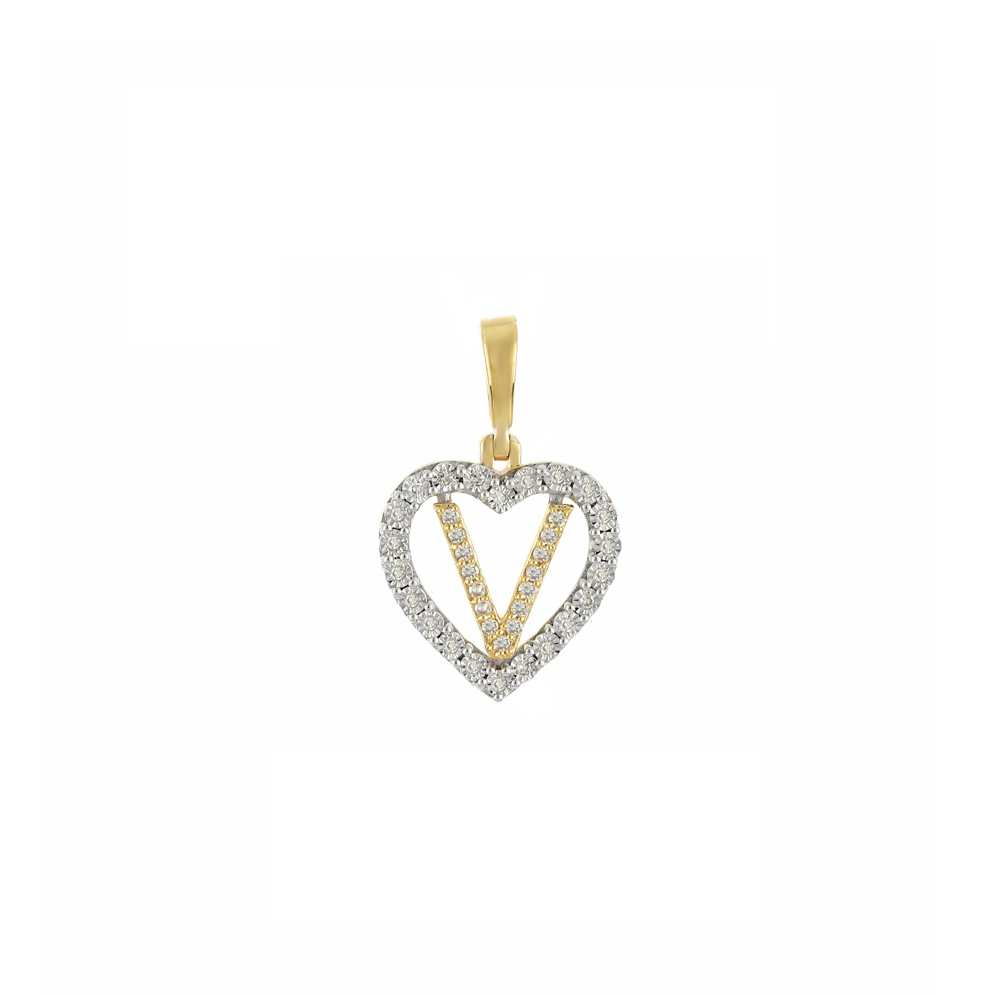 Yellow Gold Round Diamond Illusion Heart Initial Pendant