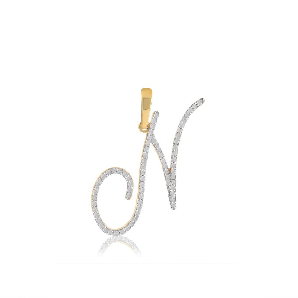 Yellow Gold Oave Set Round Diamond Initial Letter Pendant