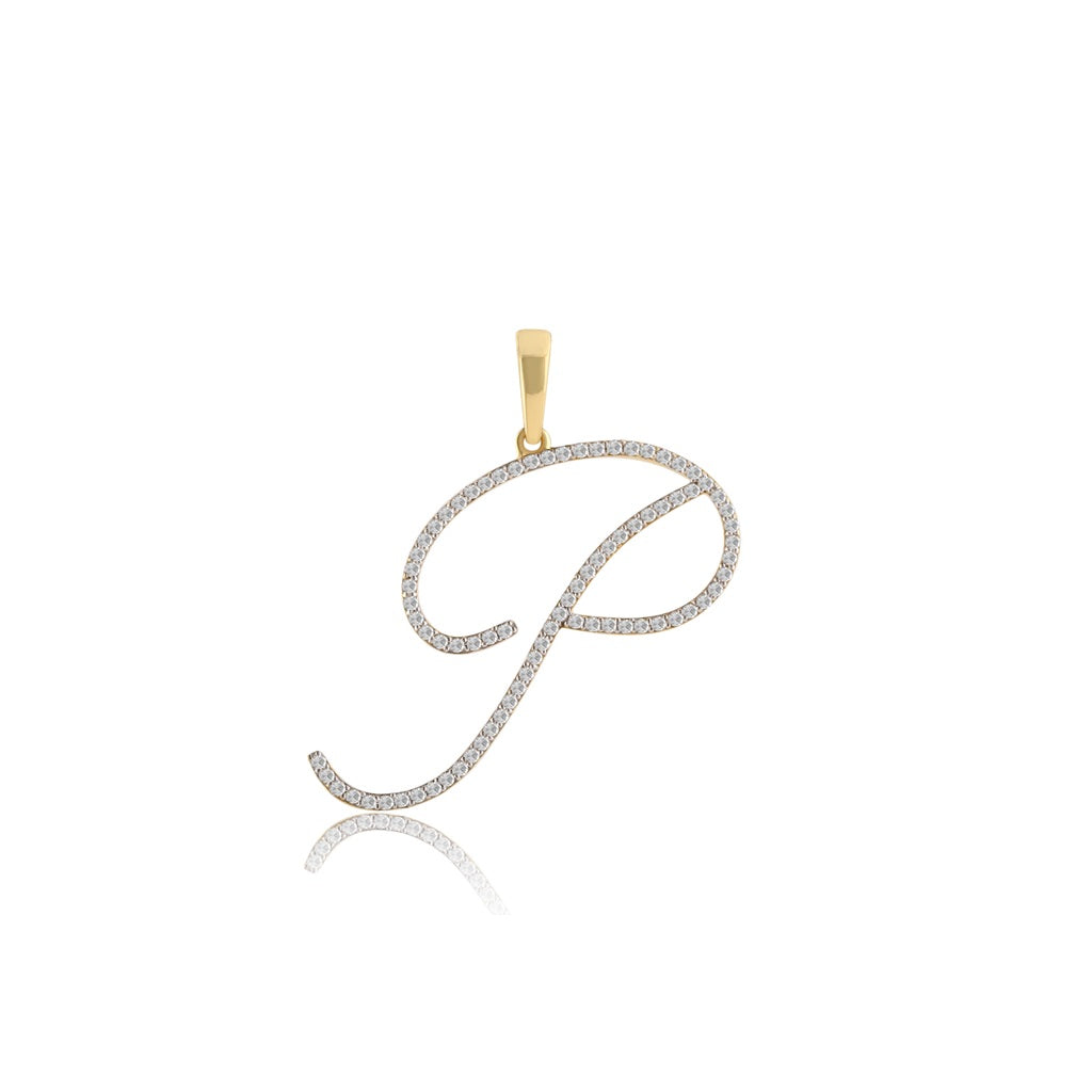 Yellow Gold Oave Set Round Diamond Initial Letter Pendant
