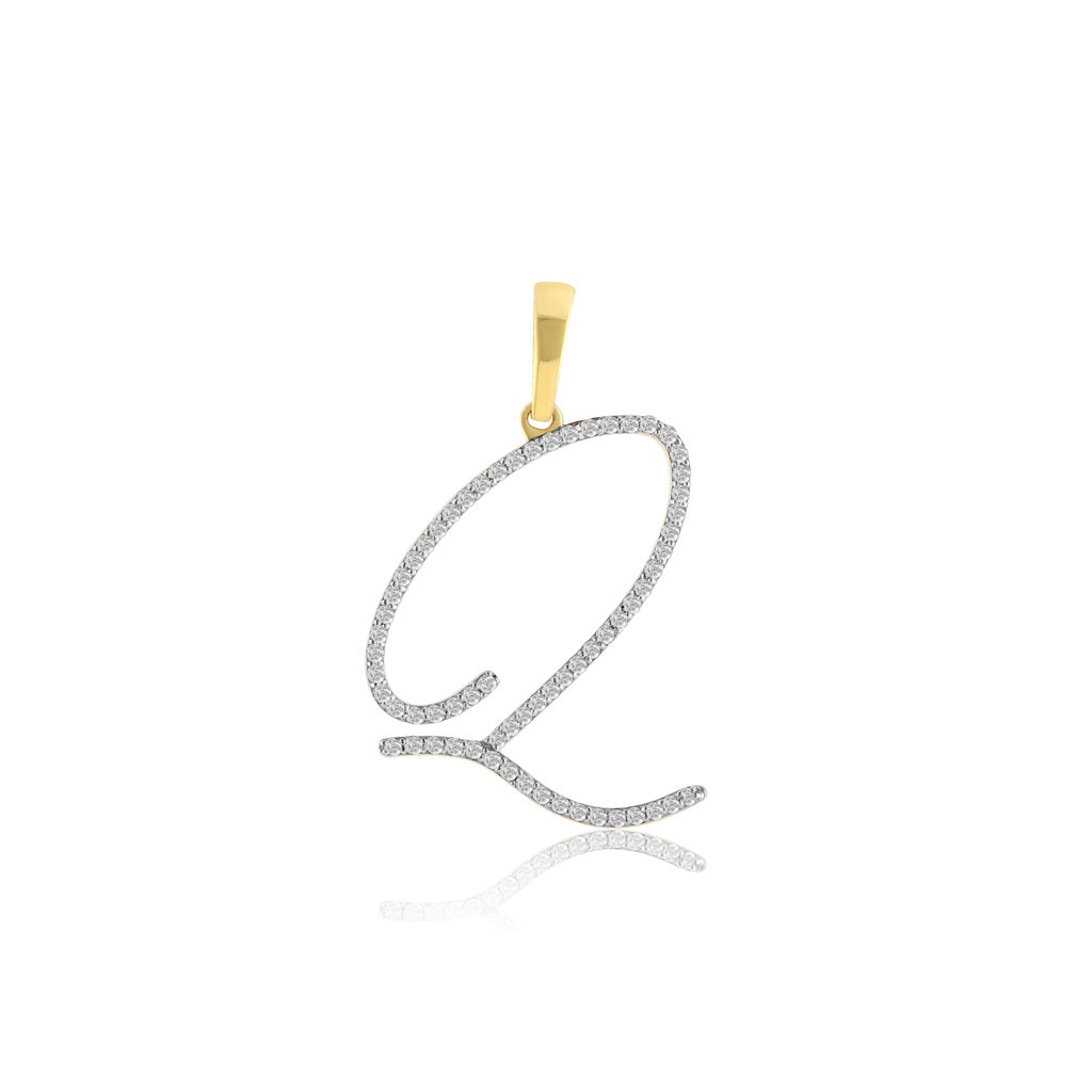 Yellow Gold Oave Set Round Diamond Initial Letter Pendant