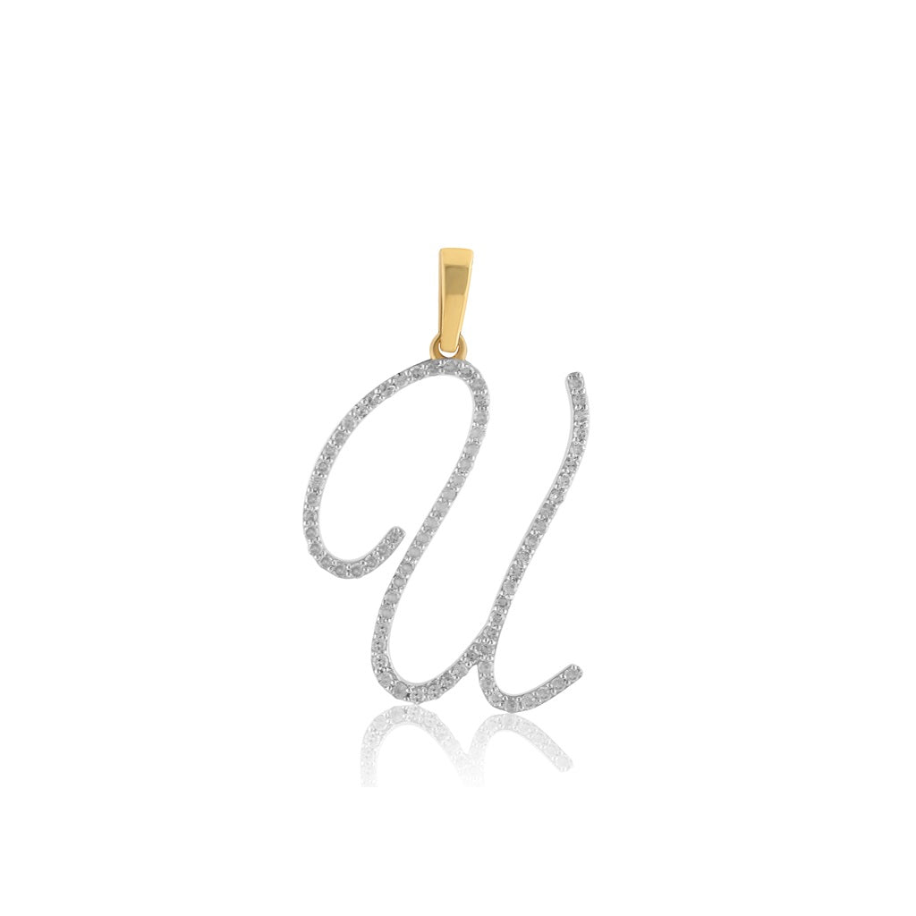 Yellow Gold Oave Set Round Diamond Initial Letter Pendant