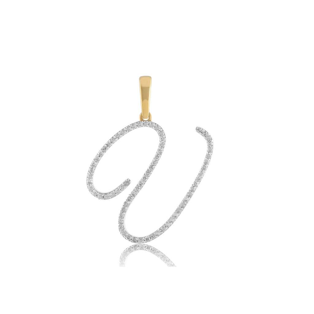 Yellow Gold Oave Set Round Diamond Initial Letter Pendant
