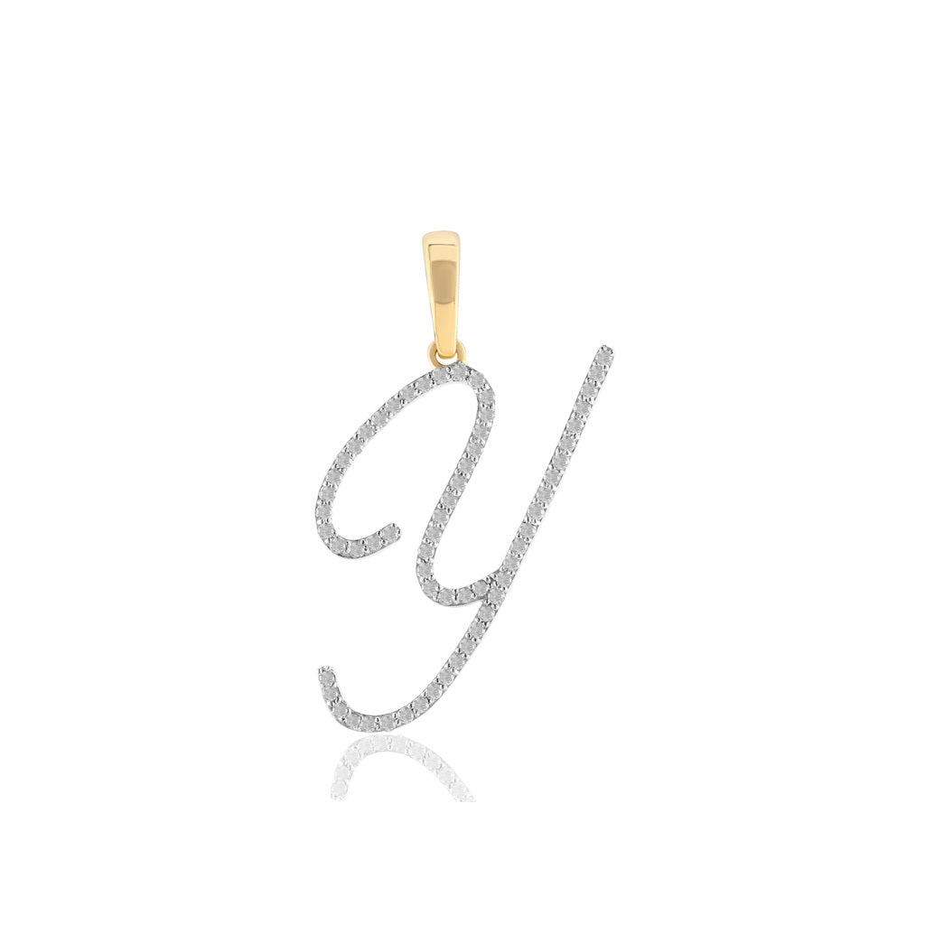 Yellow Gold Oave Set Round Diamond Initial Letter Pendant