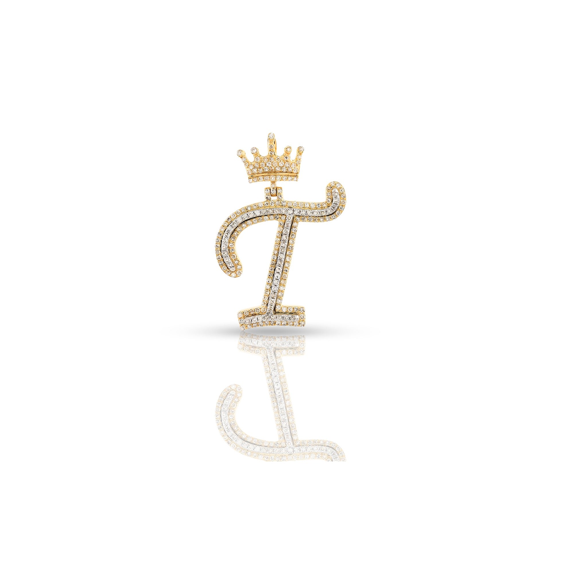 Yellow Gold Round Diamond Crown Initial Pendants